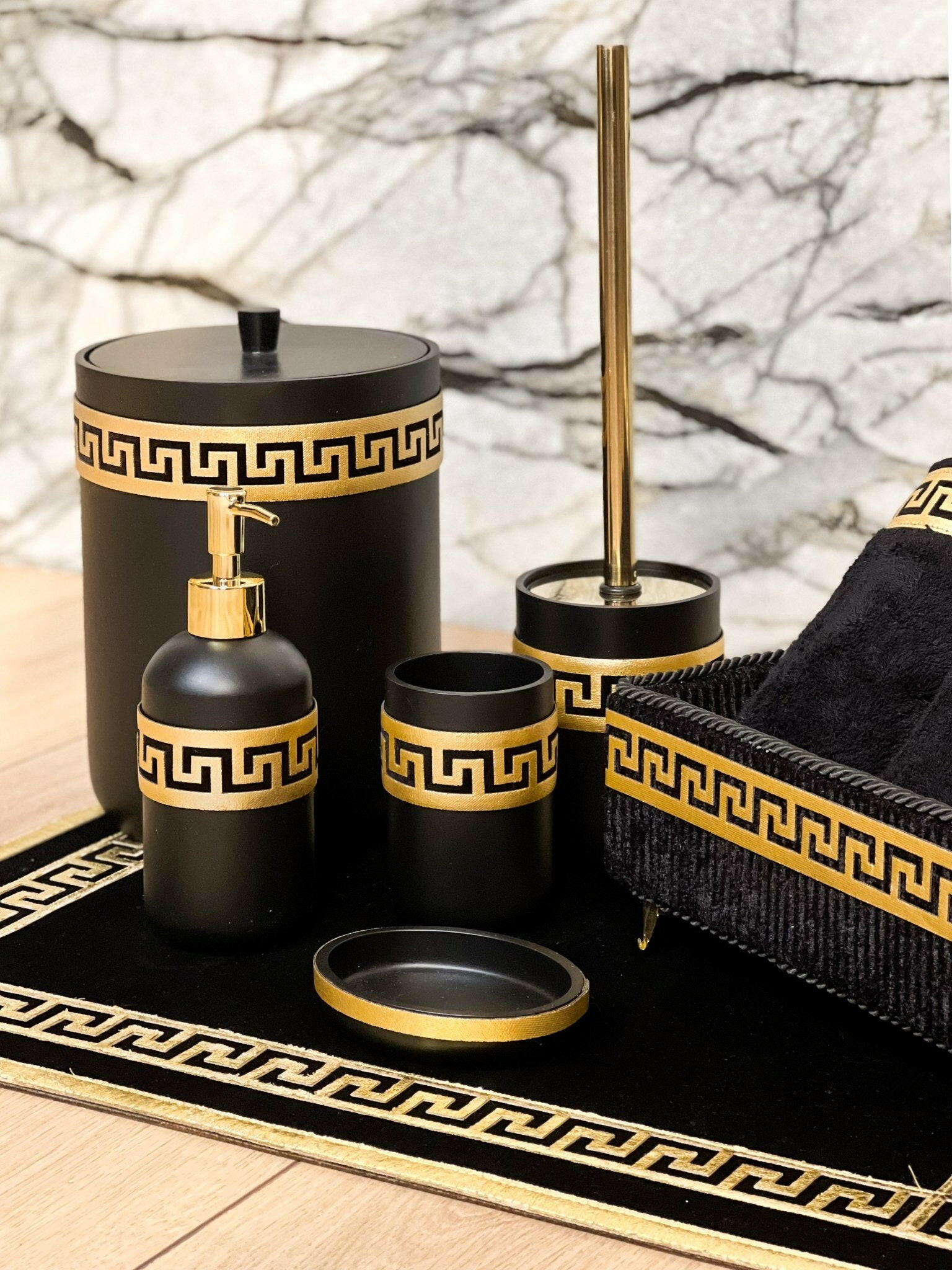 Anka Bathroom Set - Creative Home, Resin Black & Gold Bathroom Accessory Sets, Versace Style Greek Key Patterned Black & Gold Bathroom Decor, Bamboo Black Turkish Towels, Turkish Black & Gold Rug Carpet Mat,BS-CH-ANKABG-COMP