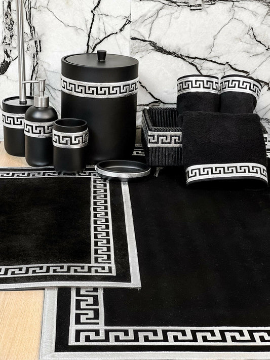 Anka Bathroom Set - Creative Home, Resin Black & Silver Bathroom Accessory Sets, Versace Style Greek Key Patterned Black & Silver Bathroom Decor, Bamboo Black Turkish Towels, Turkish Black & Silver Rug Carpet Mat,BS-CH-ANKABS-COMP