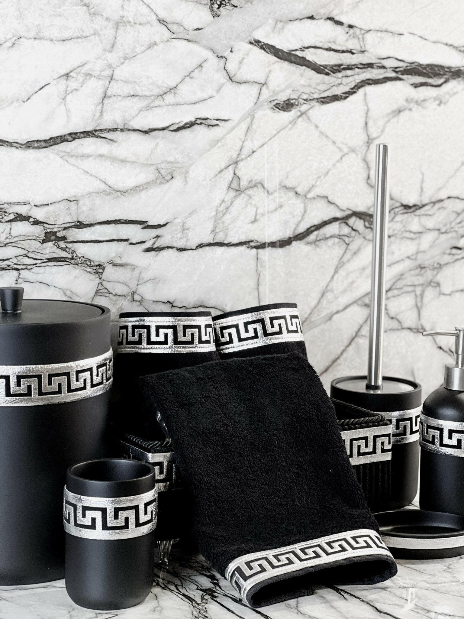 Anka Bathroom Set - Creative Home, Resin Black & Silver Bathroom Accessory Sets, Versace Style Greek Key Patterned Black & Silver Bathroom Decor, Bamboo Black Turkish Towels