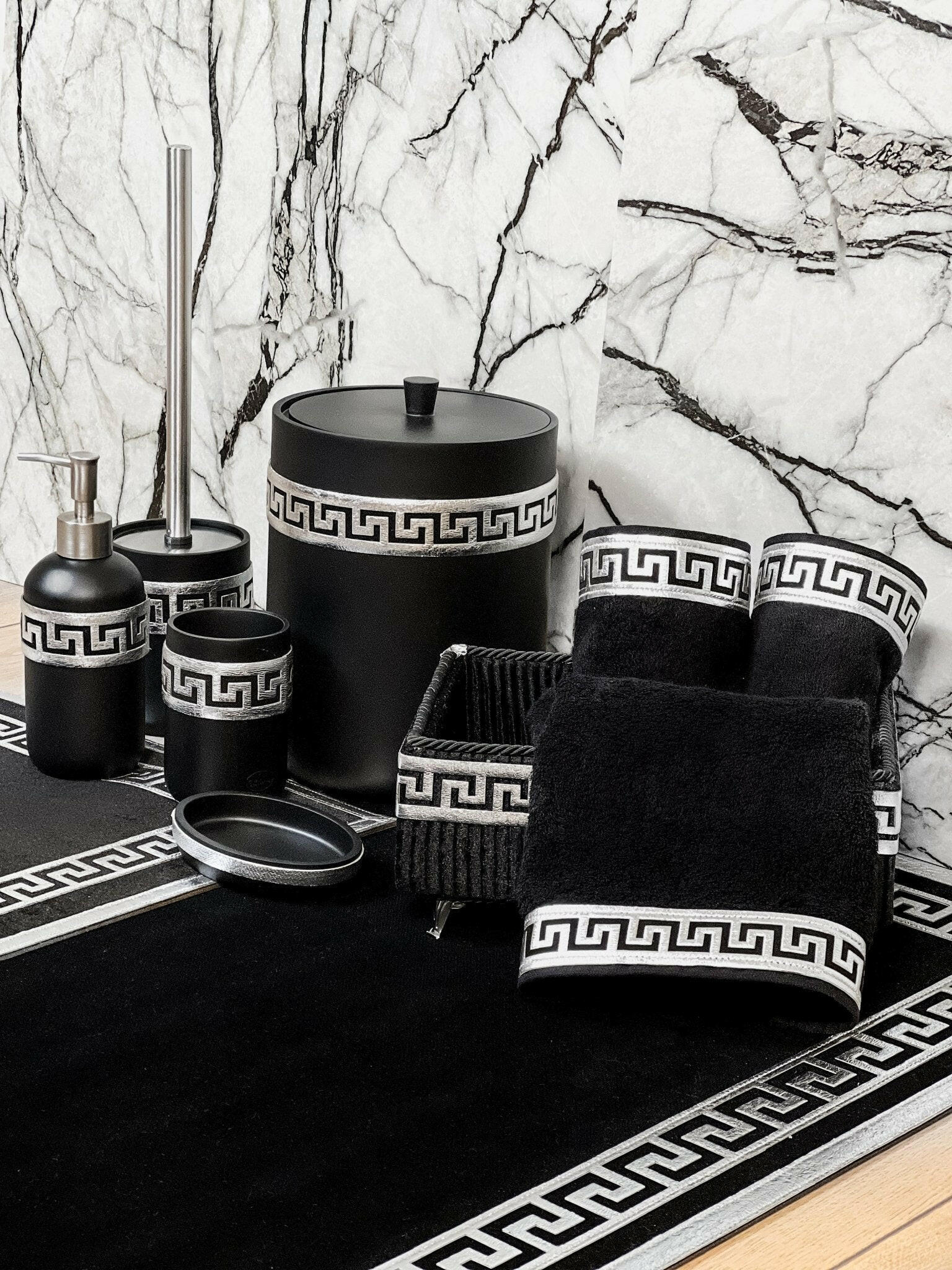 Anka Bathroom Set - Creative Home, Resin Black & Silver Bathroom Accessory Sets, Versace Style Greek Key Patterned Black & Silver Bathroom Decor, Bamboo Black Turkish Towels, Turkish Black & Silver Rug Carpet Mat,BS-CH-ANKABS-COMP