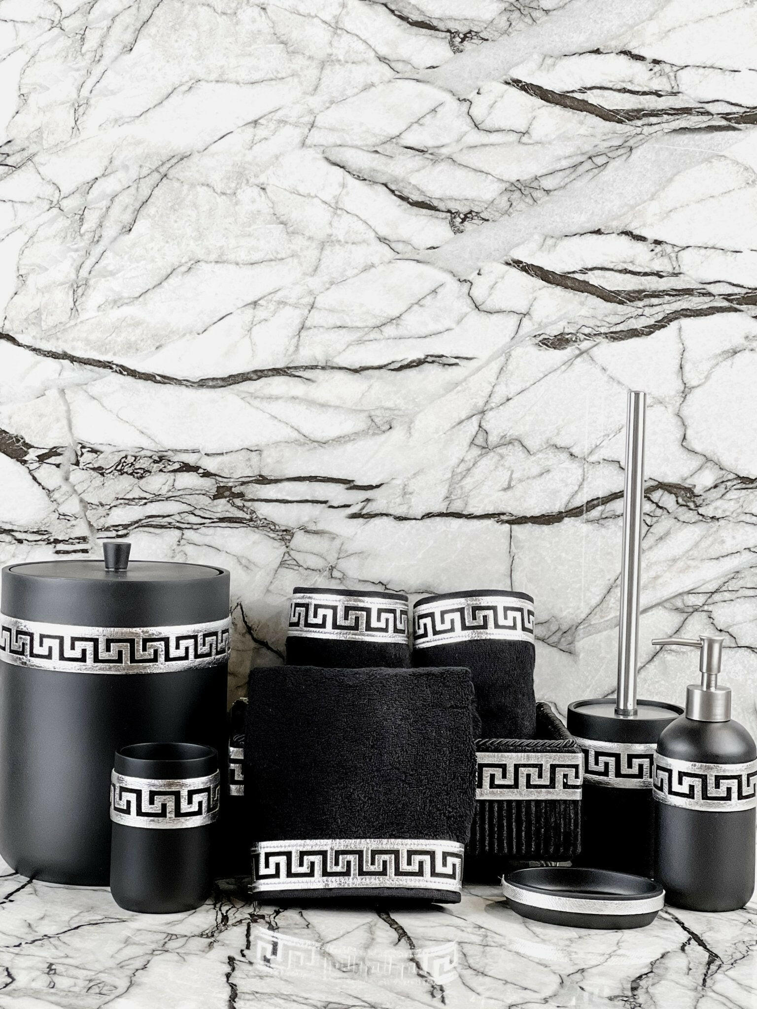 Anka Bathroom Set - Creative Home, Resin Black & Silver Bathroom Accessory Sets, Versace Style Greek Key Patterned Black & Silver Bathroom Decor, Bamboo Black Turkish Towels,BS-CH-ANKABS-BATB