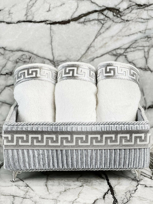 Anka Towel Box Set - Creative Home Designs, Cream & Silver Bathroom Towel Box, Versace Style Greek Key Patterned Cream & Silver Bathroom Decor, Bamboo Ecru & Silver Luxury Turkish Towels,TB-CH-ANKAGS-BT,TB-CH-ANKAGS-BO