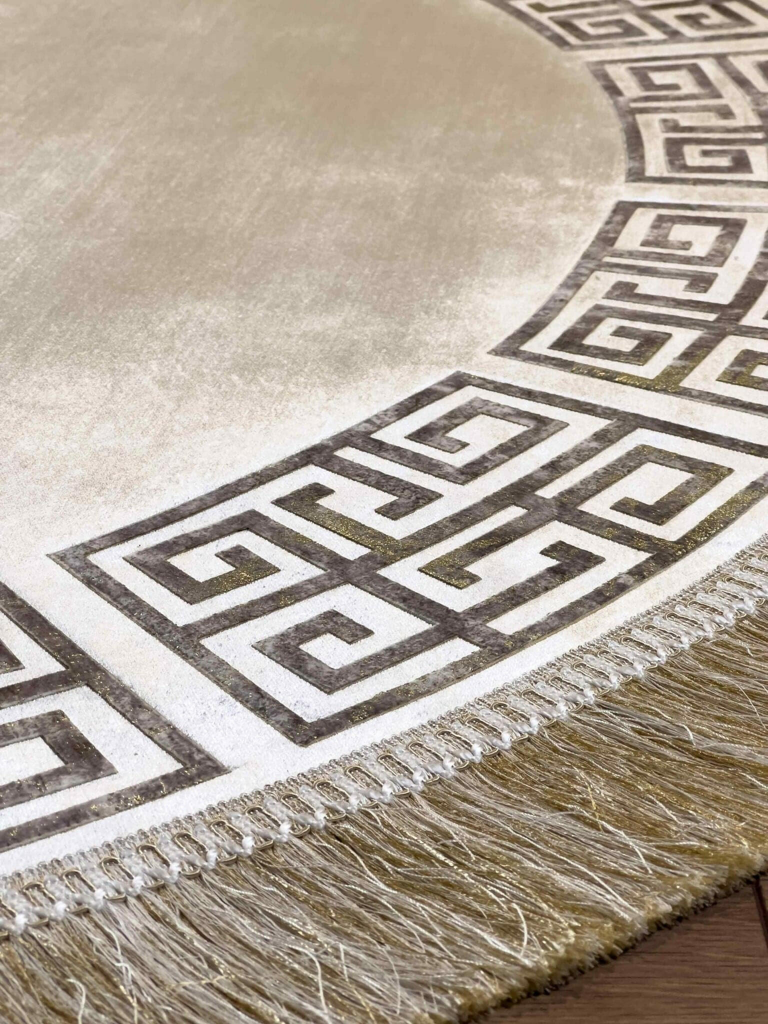 Anka Round Gold Color Velvet Round Rug, Greek Key Versace Style Patterned Mat, Washable Non Slip Modern Carpet,RUGR-CH-ANKABG