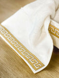 Anka Towel Box Set - Creative Home Designs, Cream & Gold Bathroom Towel Box, Versace Style Greek Key Patterned Cream & Gold Bathroom Decor, Bamboo Cream & Gold Luxury Turkish Towels,TB-CH-ANKACG-BT