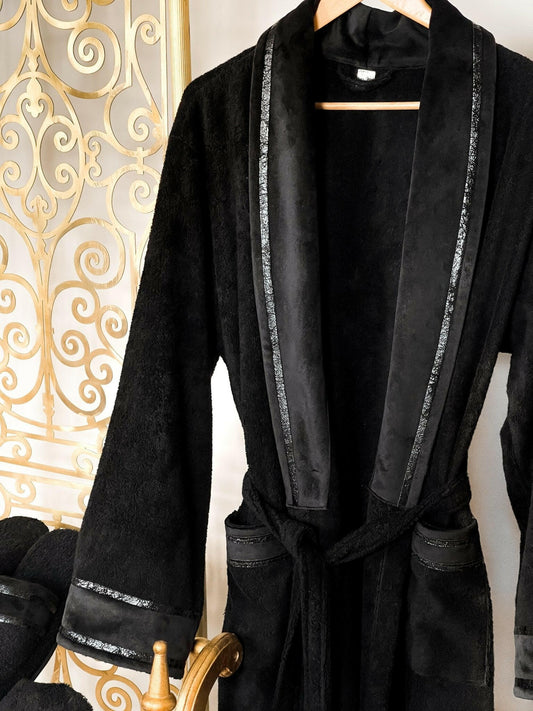 Bora Premier Luxury Men's Black Bathrobe Set, Velvet Applied Gown Robe, Slippers & Towels Set by Creative Home,BRM-CH-BORA-S-BO,BRM-CH-BORA-M-BO,BRM-CH-BORA-L-BO,BRM-CH-BORA-XL-BO,BRM-CH-BORA-XXL-BO,BRM-CH-BORA-XXXL-BO,BRM-CH-BORA-S-BS,BRM-CH-BORA-M-BS,BRM-CH-BORA-L-BS,BRM-CH-BORA-XL-BS,BRM-CH-BORA-XXL-BS,BRM-CH-BORA-XXXL-BS,BRM-CH-BORA-S-BST,BRM-CH-BORA-M-BST,BRM-CH-BORA-L-BST,BRM-CH-BORA-XL-BST,BRM-CH-BORA-XXL-BST,BRM-CH-BORA-XXXL-BST