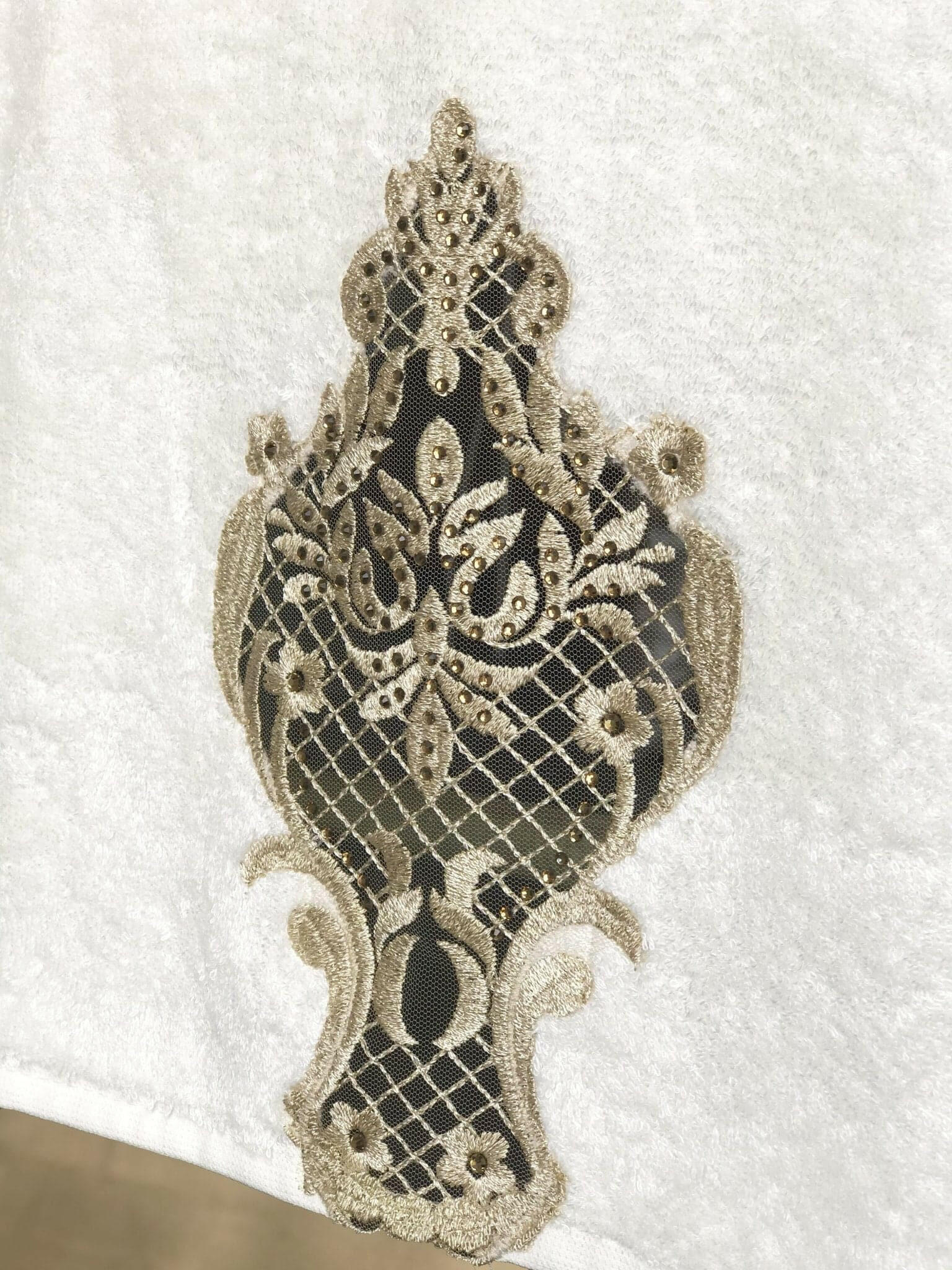 Ece European Style Luxury Embroidery Lace 3 Piece Elegant Bathroom Towel Set by Creative Home, Gold Color Embroidery with Crystals,TS-CH-ECE-Go