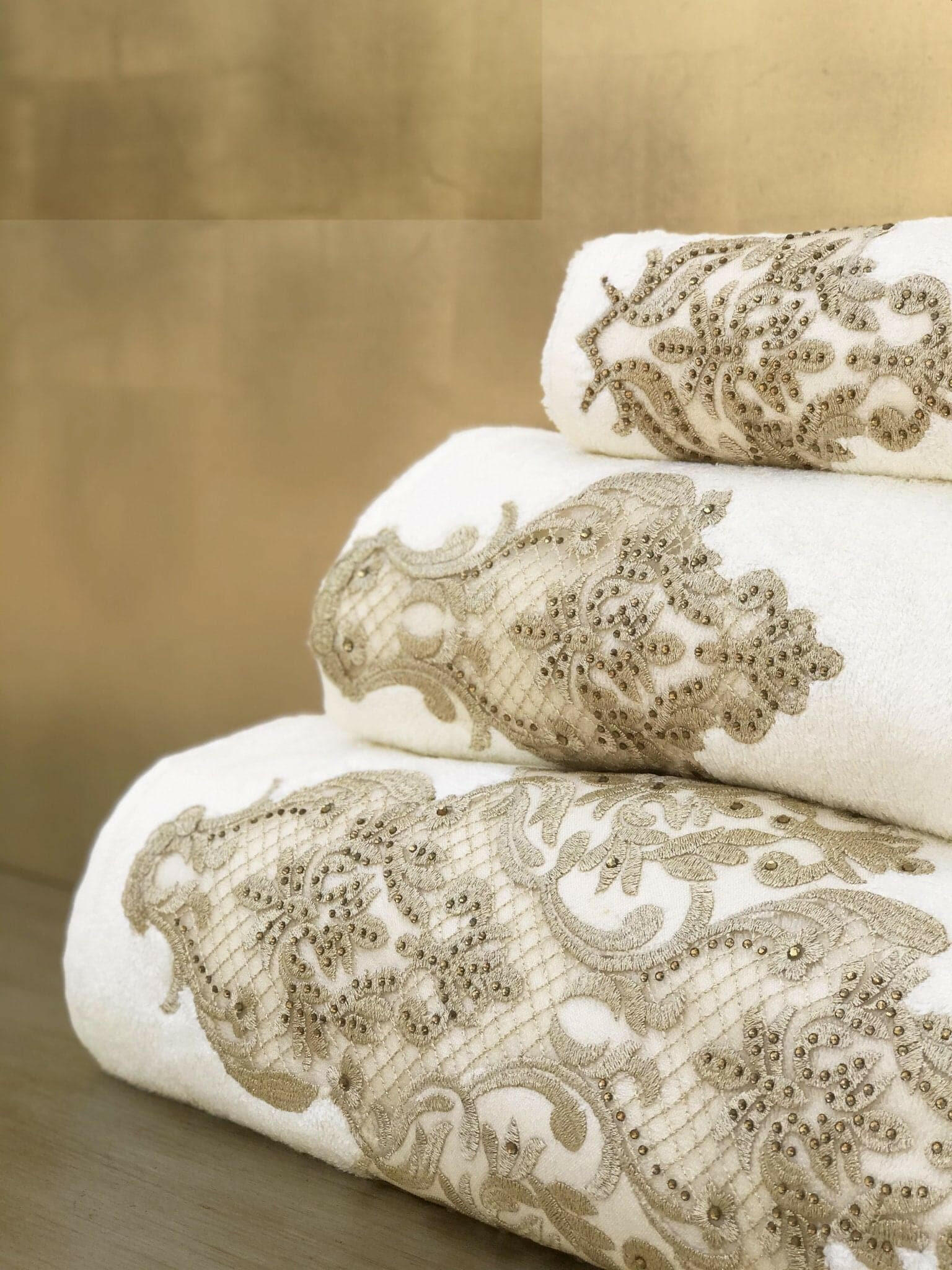 Ece European Style Luxury Embroidery Lace 3 Piece Elegant Bathroom Towel Set by Creative Home, Gold Color Embroidery with Crystals,TS-CH-ECE-Go