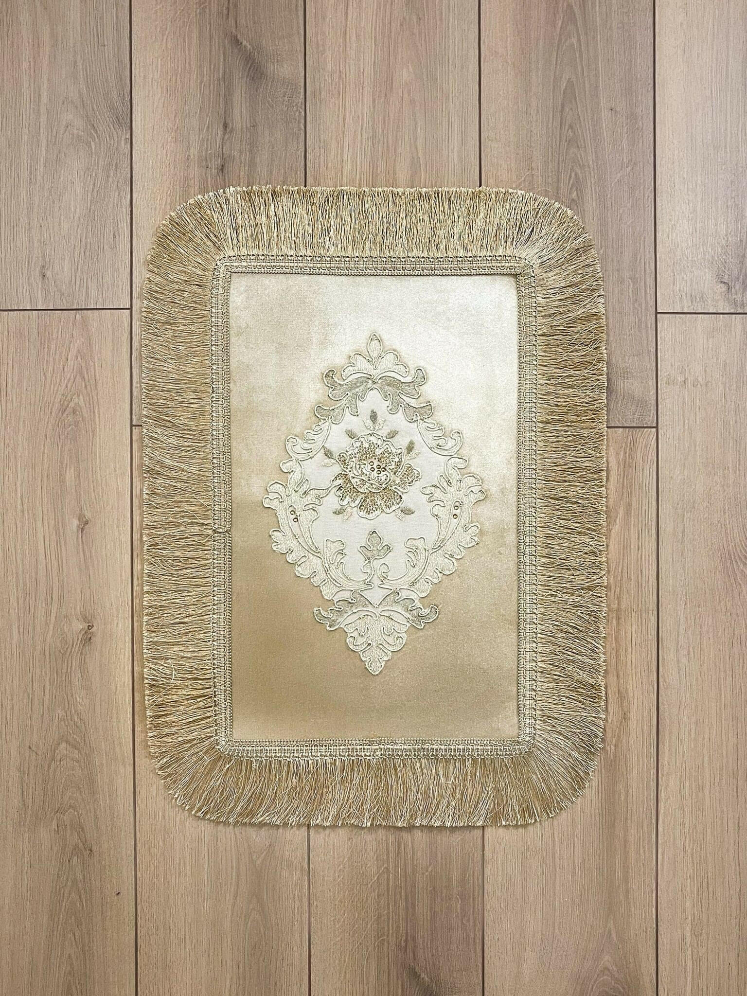 Gelin Gold Color Floral Embroidered Rectangular Rug - Creative Home Designs Rugs, European Lace Flower Turkish Carpet, Non Slip Reactangular Mat with Tassels,RUG-GLN-Go-4060,RUG-GLN-Go-60100,RUG-GLN-Go-70120,RUG-GLN-Go-90150,RUG-GLN-Go-121182,RUG-GLN-Go-152243