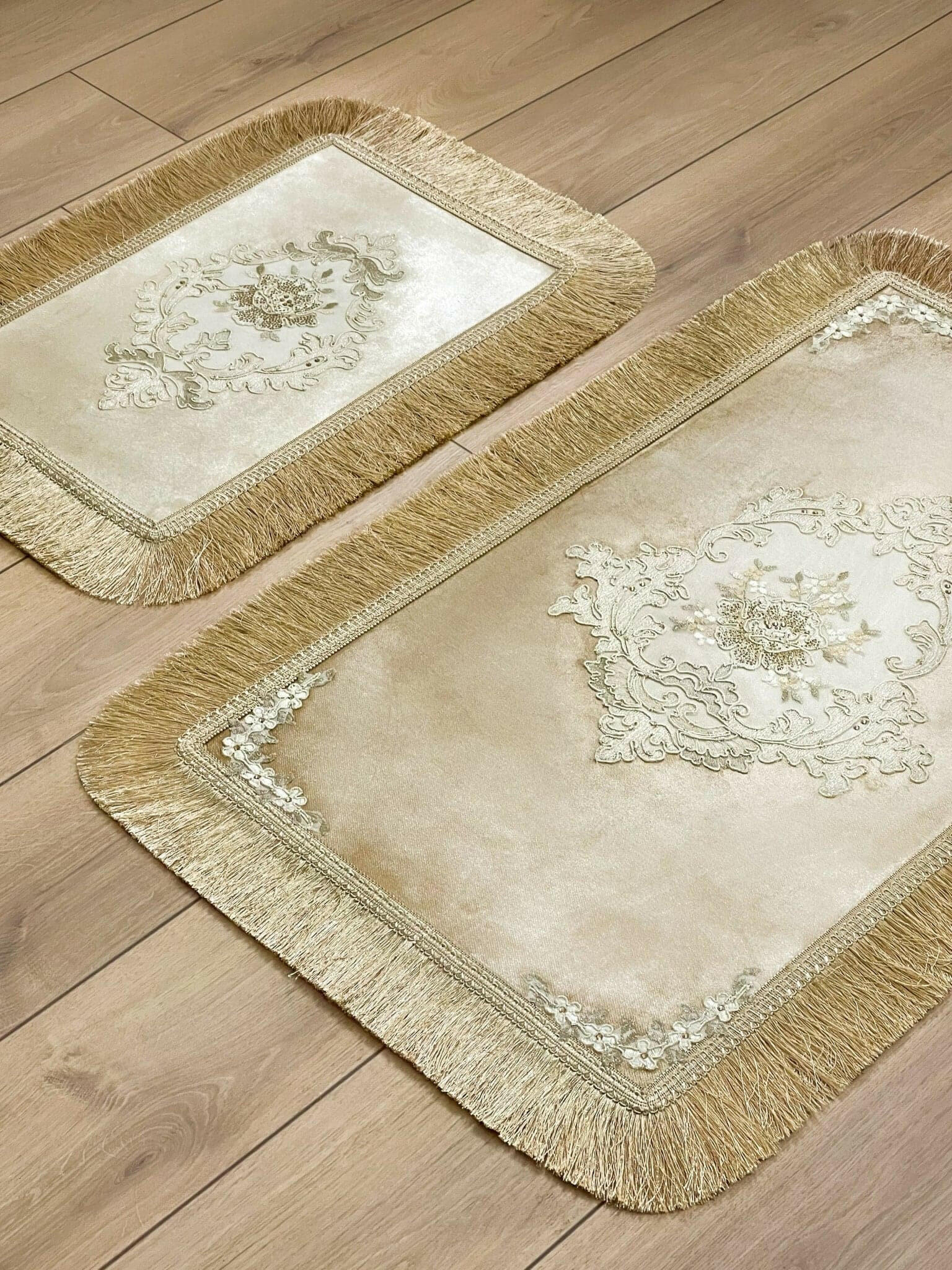 Gelin Gold Color Floral Embroidered Rectangular Rug - Creative Home Designs Rugs, European Lace Flower Turkish Carpet, Non Slip Reactangular Mat with Tassels,RUG-GLN-Go-4060,RUG-GLN-Go-60100,RUG-GLN-Go-70120,RUG-GLN-Go-90150,RUG-GLN-Go-121182,RUG-GLN-Go-152243