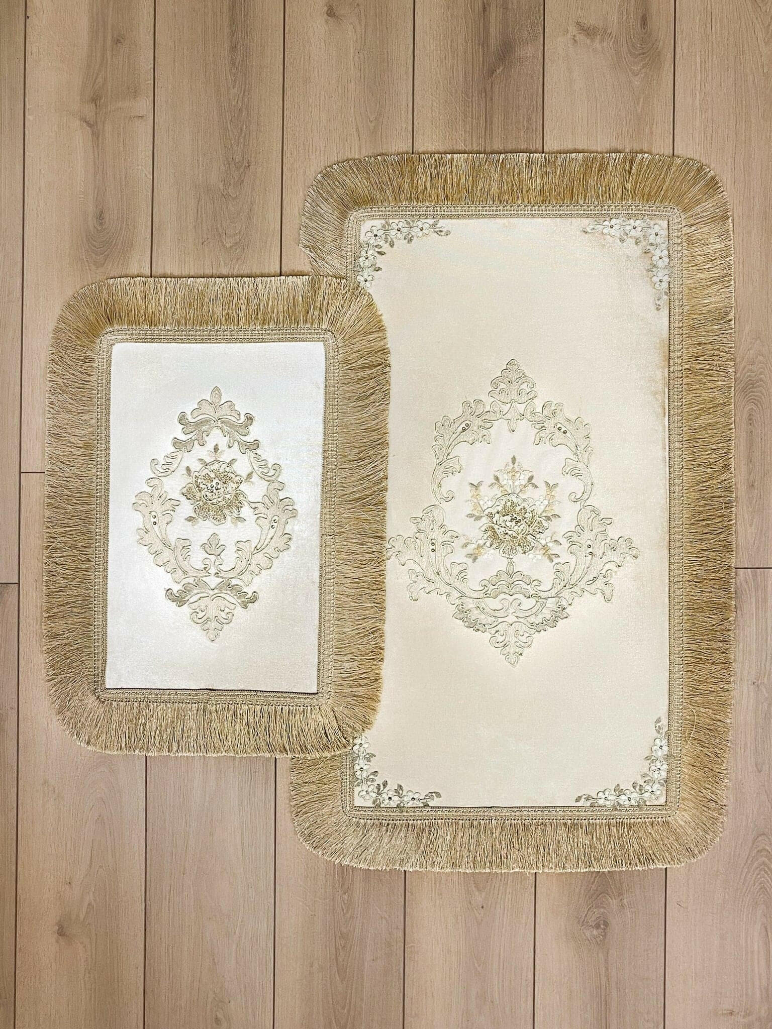 Gelin Gold Color Floral Embroidered Rectangular Rug - Creative Home Designs Rugs, European Lace Flower Turkish Carpet, Non Slip Reactangular Mat with Tassels,RUG-GLN-Go-4060,RUG-GLN-Go-60100,RUG-GLN-Go-70120,RUG-GLN-Go-90150,RUG-GLN-Go-121182,RUG-GLN-Go-152243