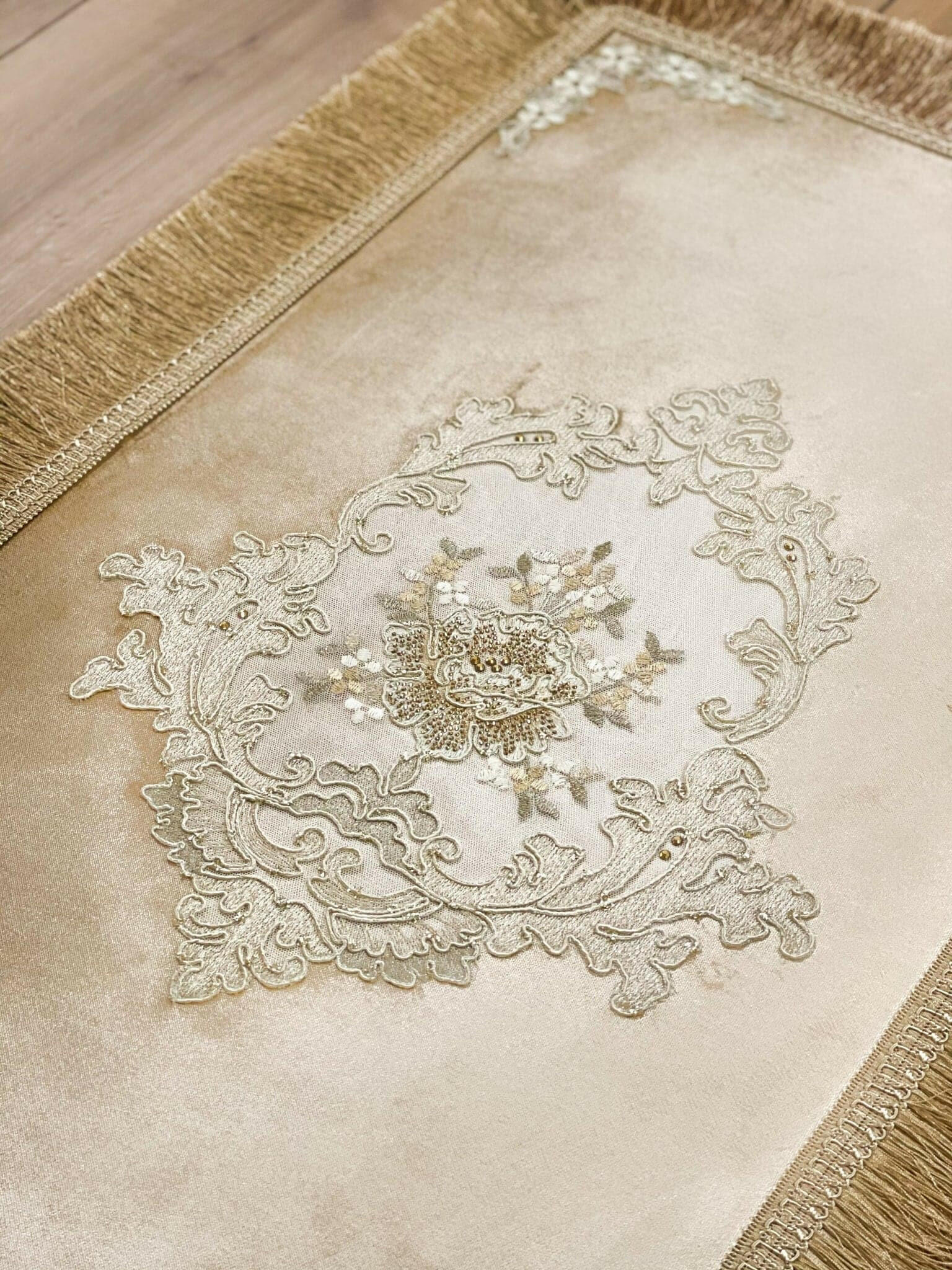 Gelin Gold Color Floral Embroidered Rectangular Rug - Creative Home Designs Rugs, European Lace Flower Turkish Carpet, Non Slip Reactangular Mat with Tassels,RUG-GLN-Go-4060,RUG-GLN-Go-60100,RUG-GLN-Go-70120,RUG-GLN-Go-90150,RUG-GLN-Go-121182,RUG-GLN-Go-152243
