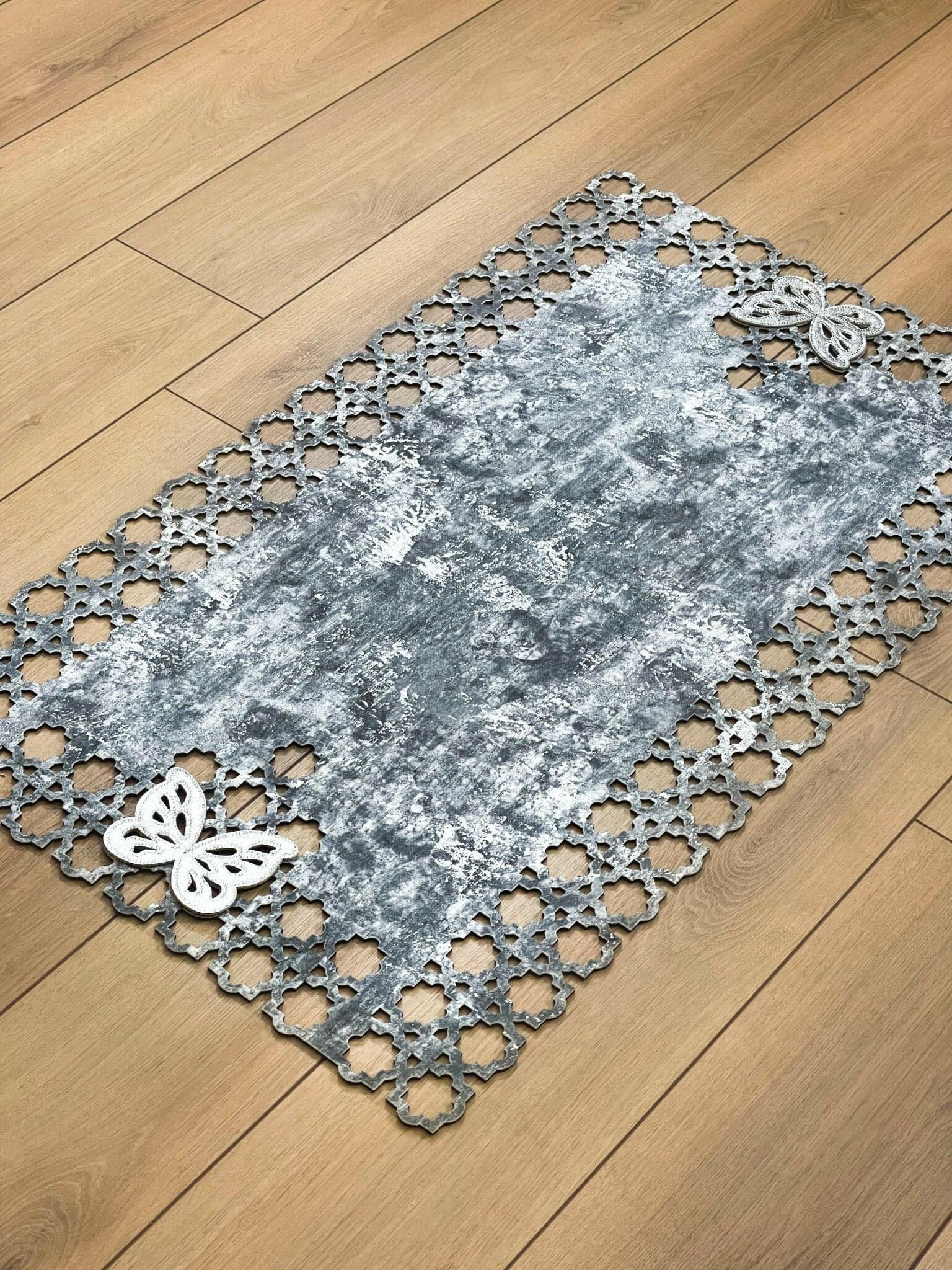 Kelebek Grey Rug - Creative Home Designs, Butterfly Turkish Carpet, Non Slip Washable Velvet Mat,RUG-KLBK-Gr-4060,RUG-KLBK-Gr-60100,RUG-KLBK-Gr-70120,RUG-KLBK-Gr-85137