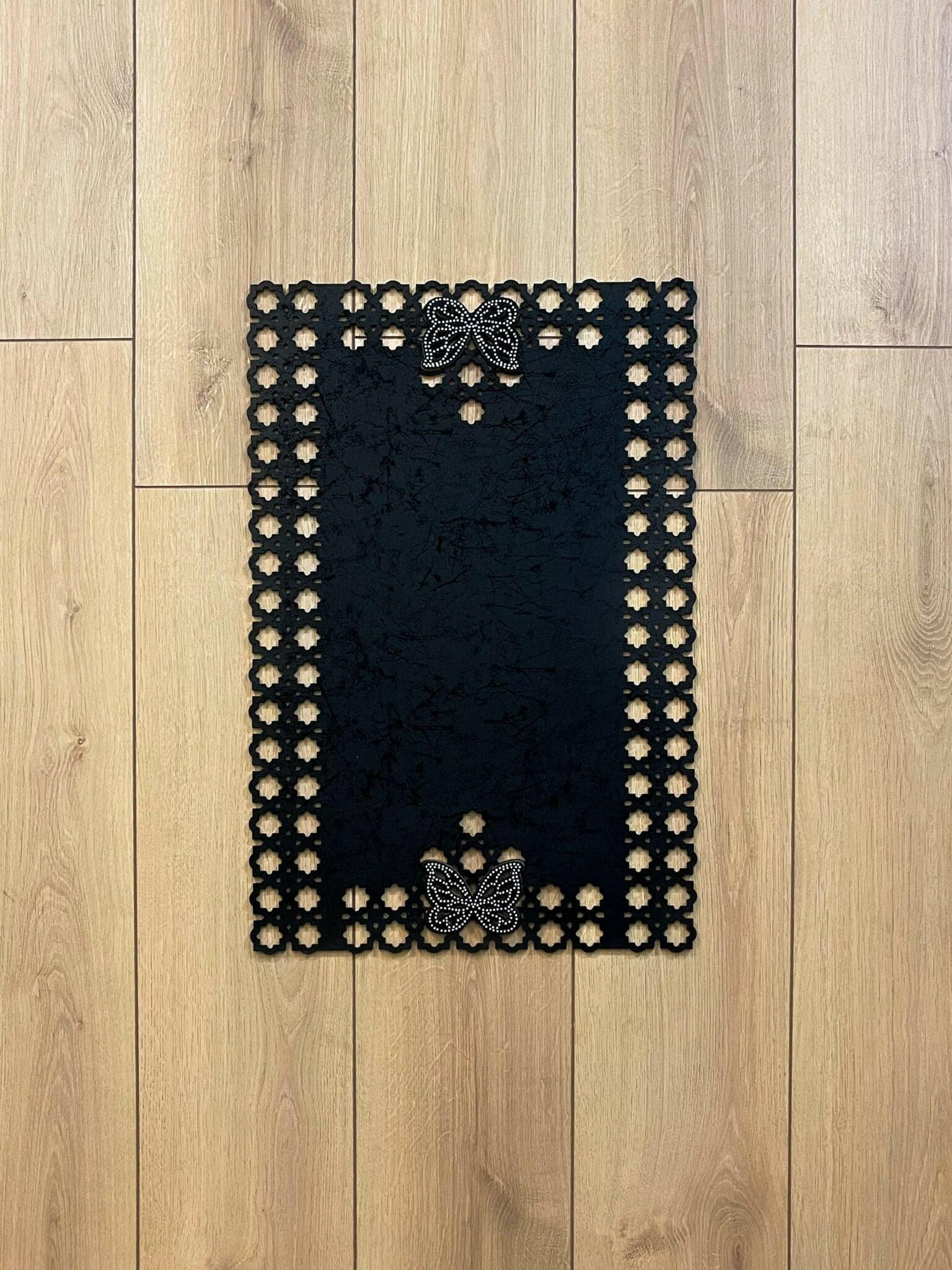 Kelebek Black Rug - Creative Home Designs, Butterfly Turkish Carpet, Non Slip Washable Velvet Mat
