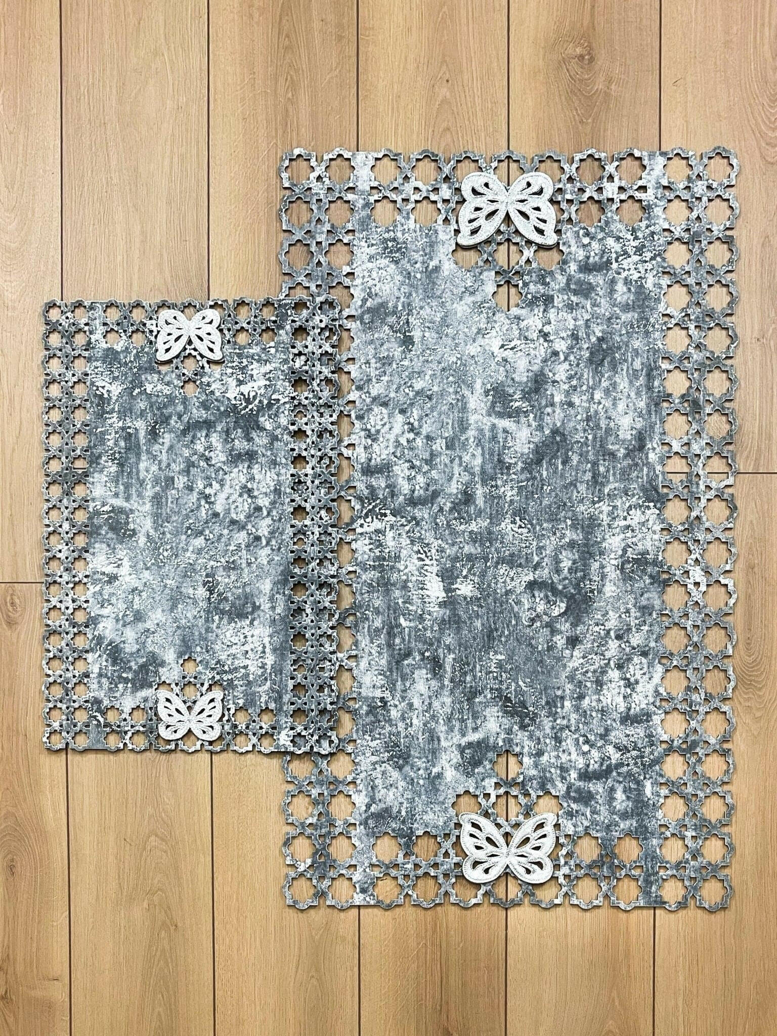 Kelebek Grey Rug - Creative Home Designs, Butterfly Turkish Carpet, Non Slip Washable Velvet Mat,RUG-KLBK-Gr-4060,RUG-KLBK-Gr-60100,RUG-KLBK-Gr-70120,RUG-KLBK-Gr-85137
