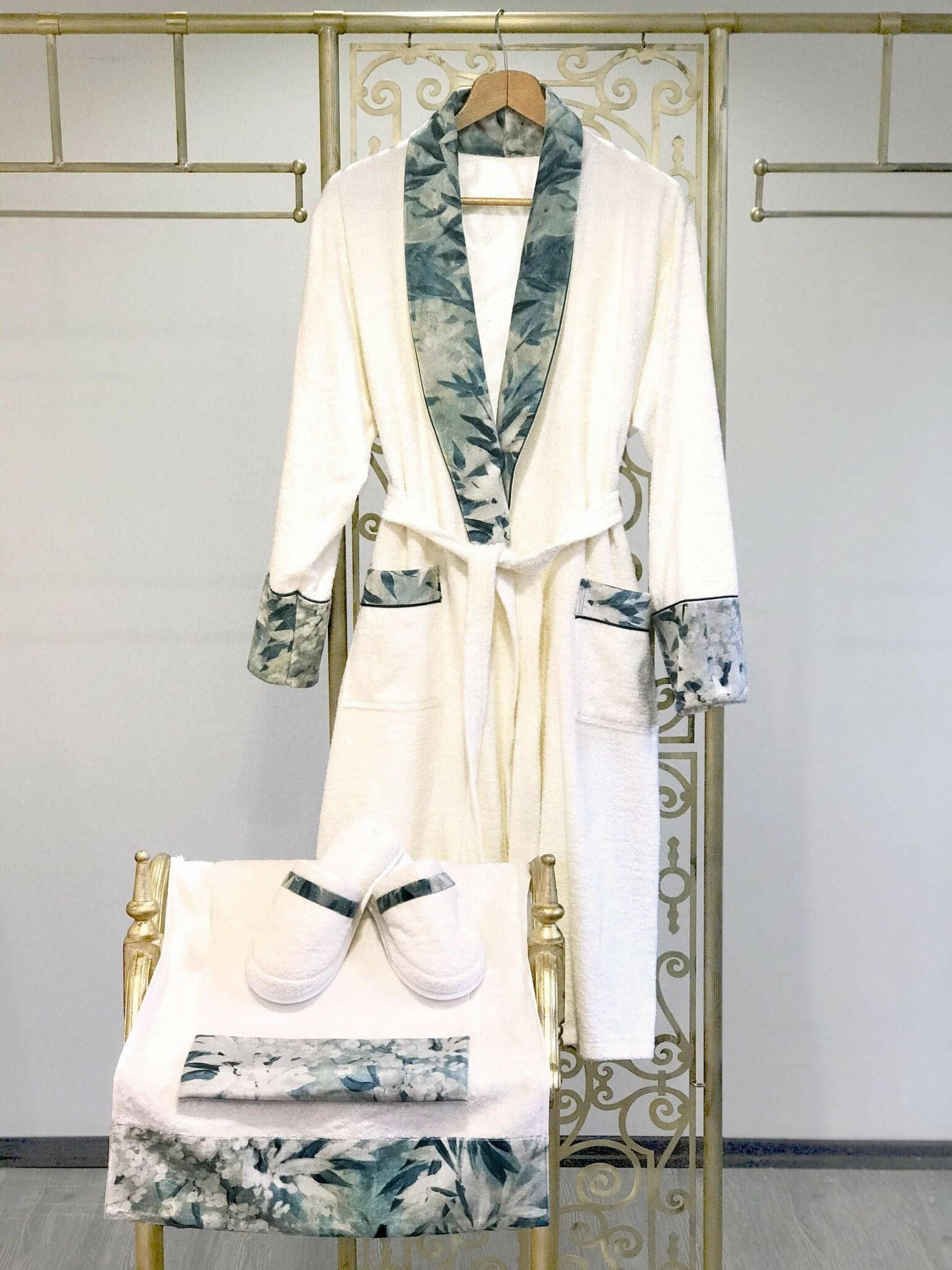 Lyla Women's White Bathrobe Set, Blue Velvet Applied Luxury Designer Bamboo Soft Elegant Robe, M / Bathrobe + Slippers + 2 Sized Towels