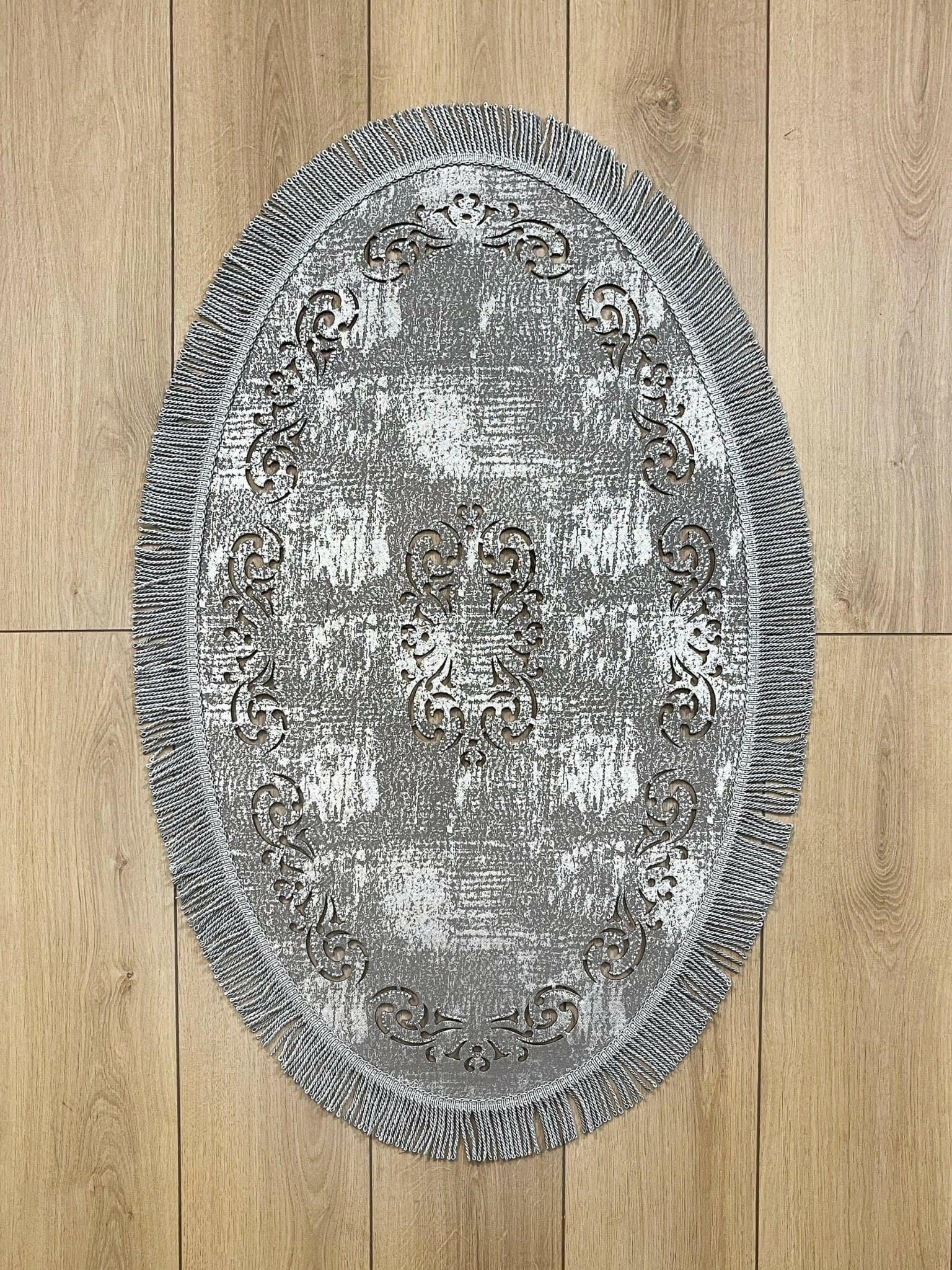 Melda Rug Silver Color & Grey Foiled Oval Rug - Creative Home Designs Rugs, Turkish Carpet With Tassels & Diamonds, Non Slip Mat,RUG-MELDA-SiGr-4060,RUG-MELDA-SiGr-60100,RUG-MELDA-SiGr-70120,RUG-MELDA-SiGr-90150,RUG-MELDA-SiGr-121182,RUG-MELDA-SiGr-152243