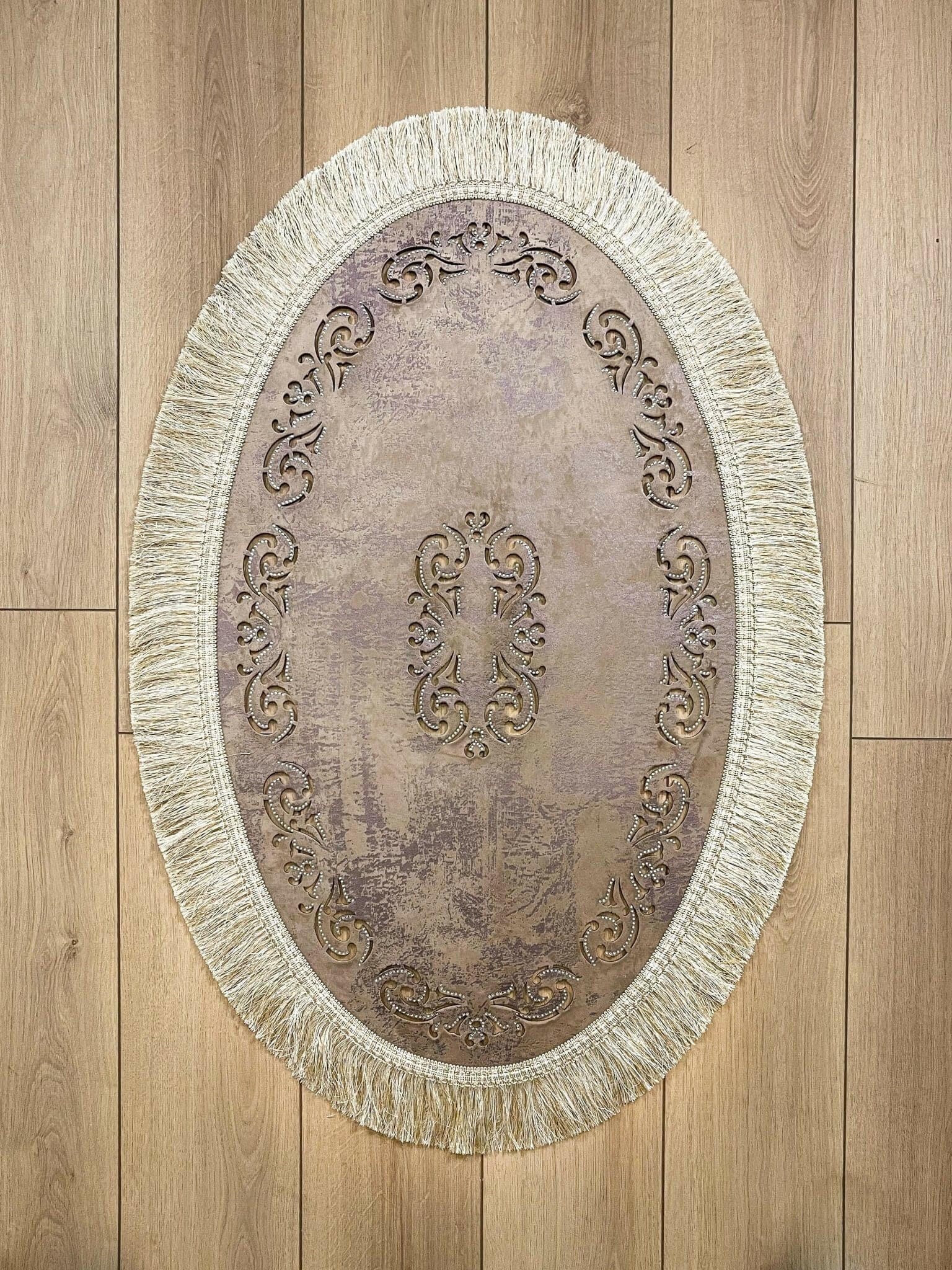 Melda Rug Purple Color & Grey Foiled Oval Rug - Creative Home Designs Rugs, Turkish Carpet With Tassels & Diamonds, Non Slip Mat