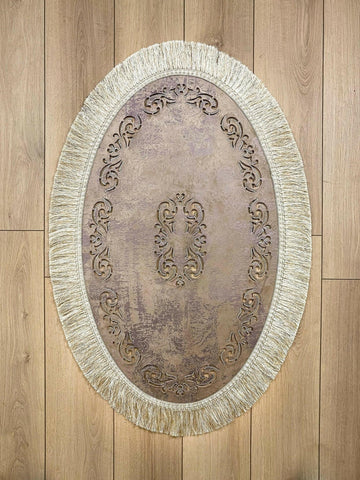 Melda Rug Purple Color & Grey Foiled Oval Rug - Creative Home Designs Rugs, Turkish Carpet With Tassels & Diamonds, Non Slip Mat