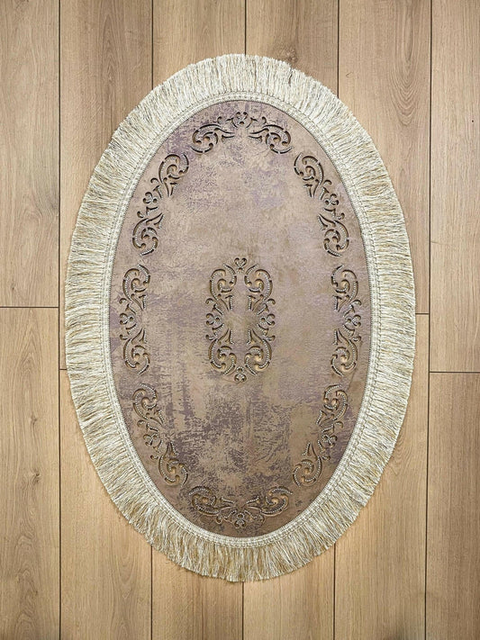 Melda Rug Purple Color & Grey Foiled Oval Rug - Creative Home Designs Rugs, Turkish Carpet With Tassels & Diamonds, Non Slip Mat