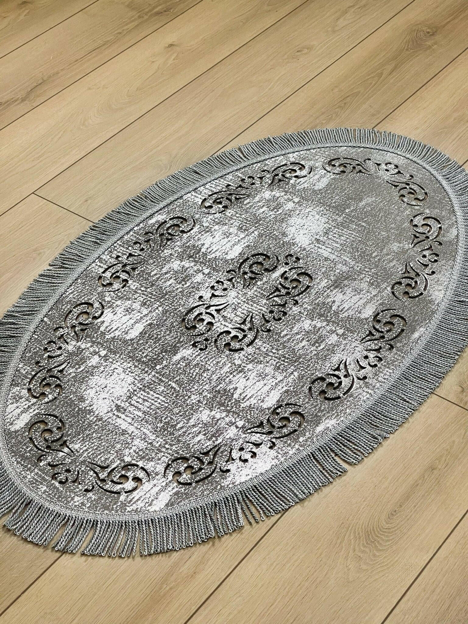 Melda Rug Silver Color & Grey Foiled Oval Rug - Creative Home Designs Rugs, Turkish Carpet With Tassels & Diamonds, Non Slip Mat,RUG-MELDA-SiGr-4060,RUG-MELDA-SiGr-60100,RUG-MELDA-SiGr-70120,RUG-MELDA-SiGr-90150,RUG-MELDA-SiGr-121182,RUG-MELDA-SiGr-152243