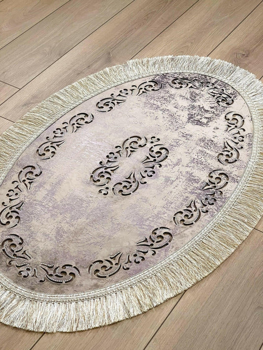 Melda Rug Purple Color & Grey Foiled Oval Rug - Creative Home Designs Rugs, Turkish Carpet With Tassels & Diamonds, Non Slip Mat,RUG-MELDA-PuGr-4060,RUG-MELDA-PuGr-60100,RUG-MELDA-PuGr-70120,RUG-MELDA-PuGr-90150,RUG-MELDA-PuGr-121182,RUG-MELDA-PuGr-152243