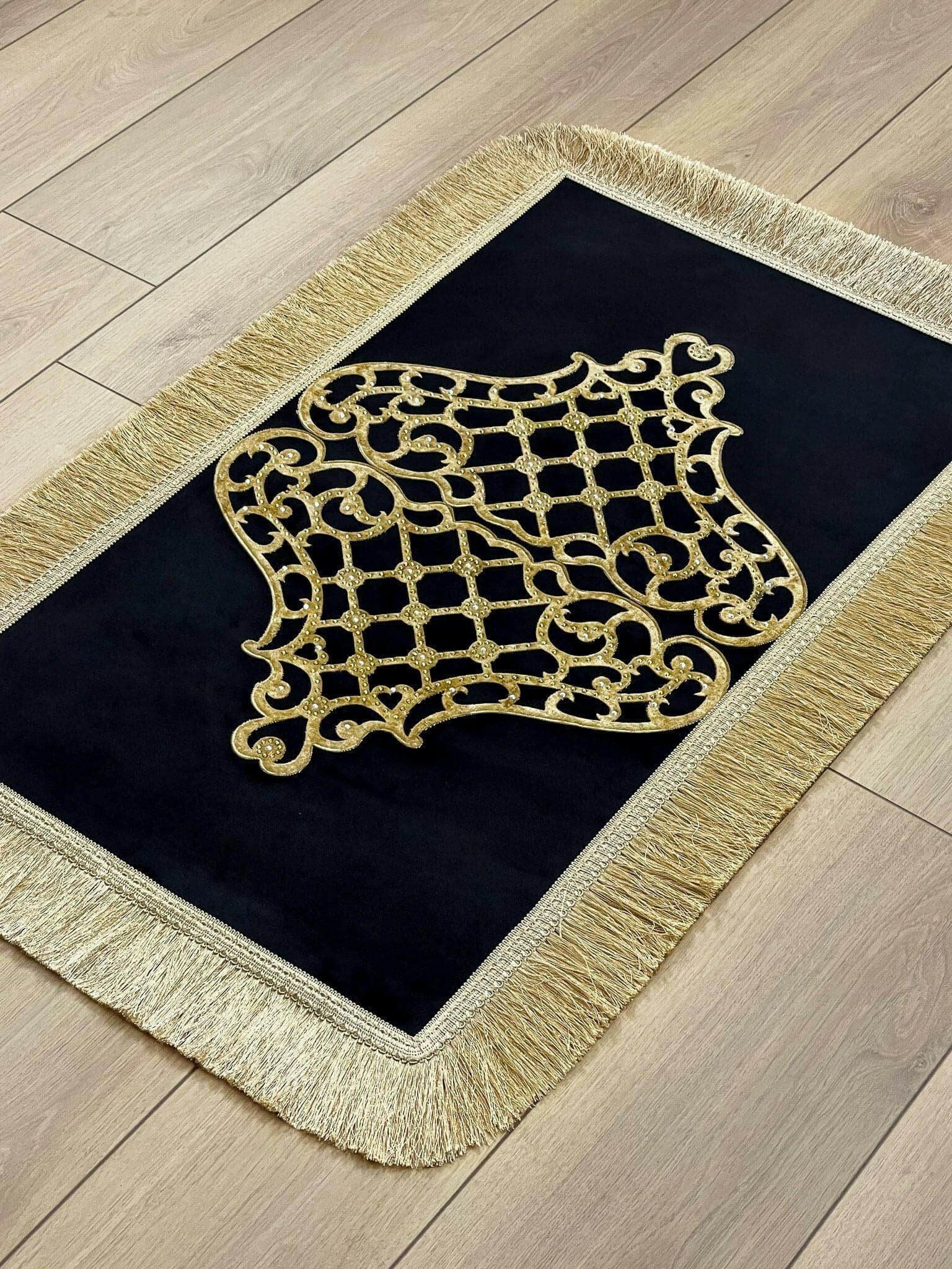 Mihrace Rug Oriental Chic Black & Gold Color Rug - Creative Home Designs Rugs, Oriental Style Turkish Carpet, Rectangular Mat With Diamonds & Tassels,RUG-MHRC-BlaGo-4060,RUG-MHRC-BlaGo-60100,RUG-MHRC-BlaGo-70120,RUG-MHRC-BlaGo-90150,RUG-MHRC-BlaGo-121182,RUG-MHRC-BlaGo-152243