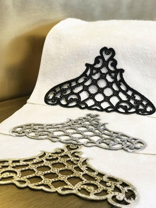Mihrace Leather Appliqués Cutout 3 Pieces Luxury Decorative Towel Colorful Set, Black Gold Silver Towels with Diamonds,TS-CH-MHRC-CLRS-3H,TS-CH-MHRC-CLRS-3F,TS-CH-MHRC-CLRS-3B
