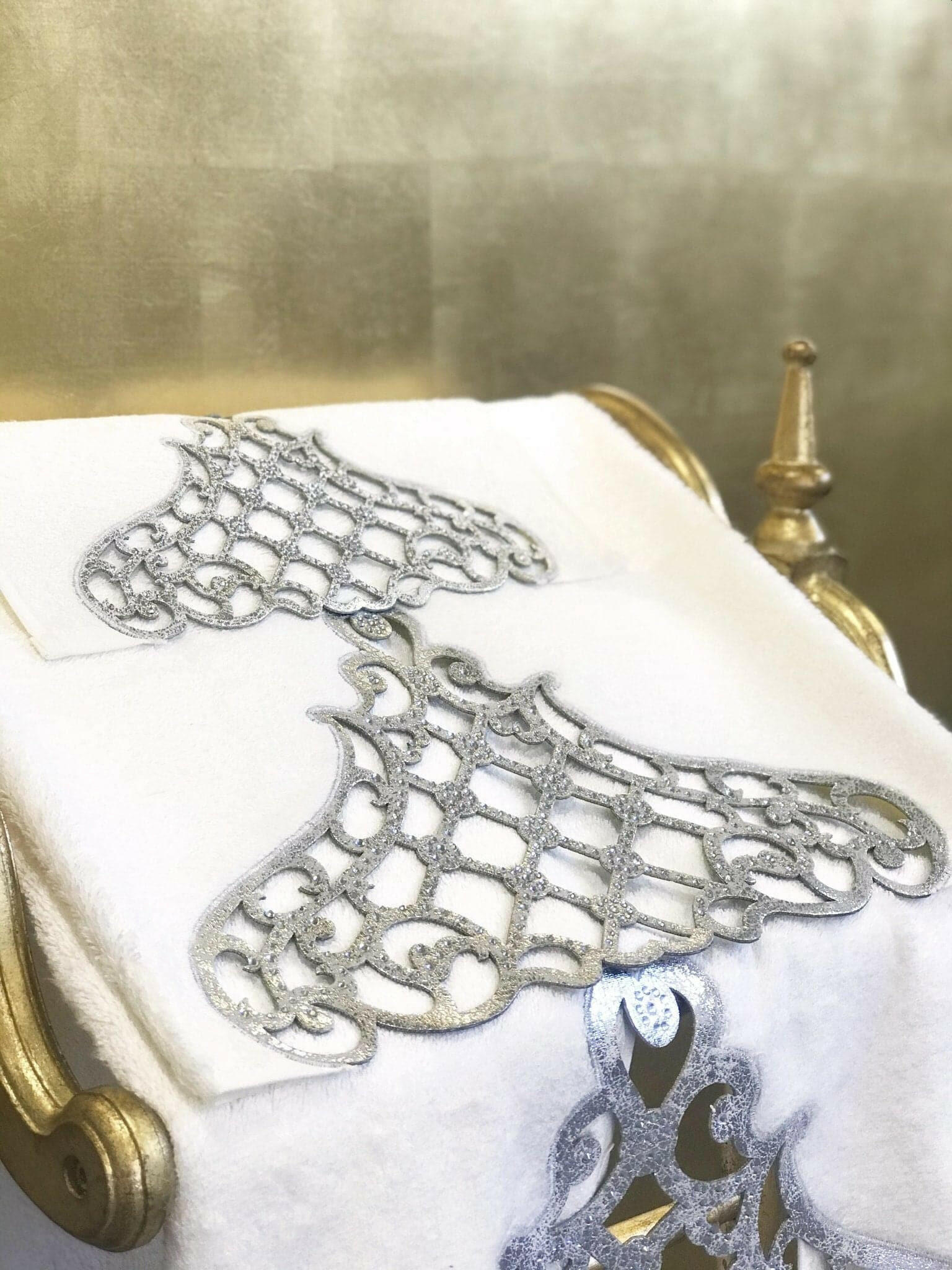 Mihrace Silver Towel Set - Creative Home Designs, Cut Through Grey Silver Leather Velvet Luxury Cream Turkish Oriental Towel with Velvet and Diamonds,TS-CH-MHRC-Si