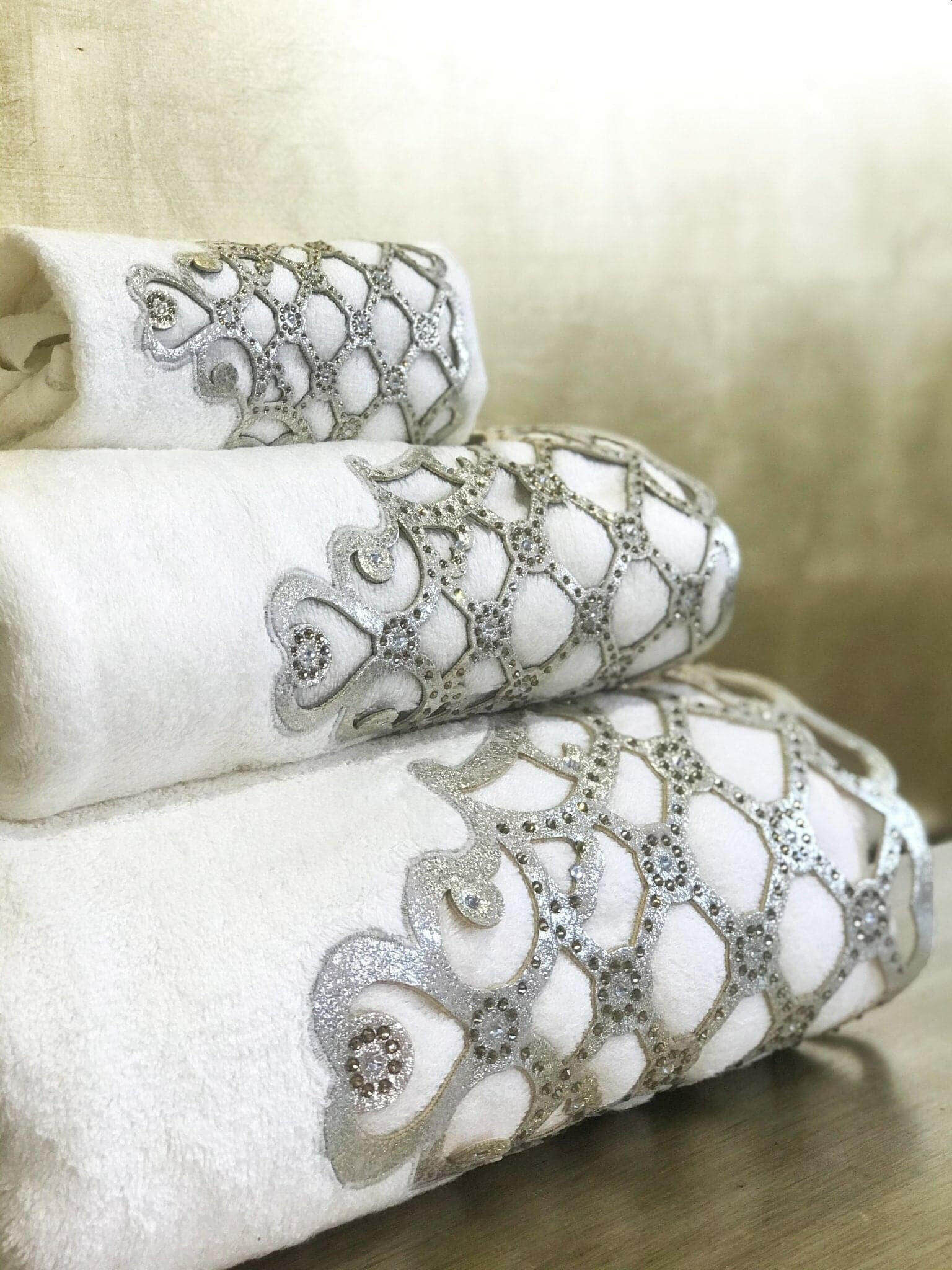 Mihrace Towel Set - Creative Home Designs,Cut Through Gold Leather Velvet Luxury Cream Turkish Oriental Towel with Velvet and Diamonds,TS-CH-MHRC-Go