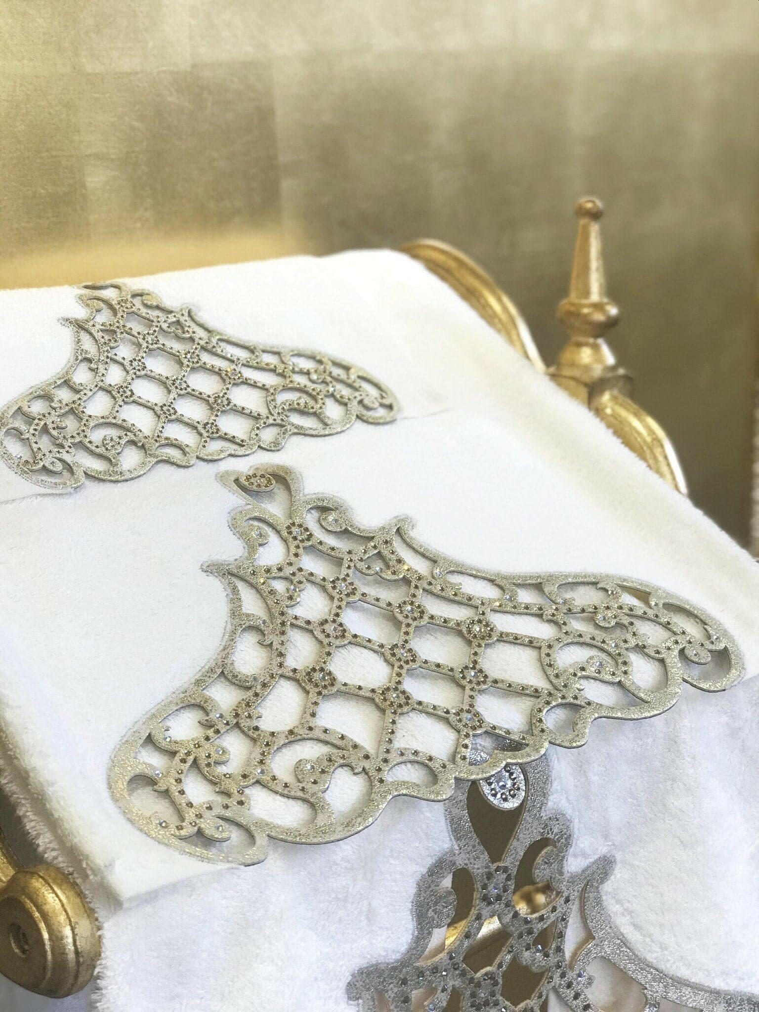 Mihrace Towel Set - Creative Home Designs,Cut Through Gold Leather Velvet Luxury Cream Turkish Oriental Towel with Velvet and Diamonds,TS-CH-MHRC-Go