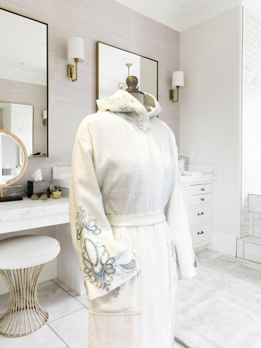 Mina Bathrobe - Creative Home Designs, Women's Turquoise Embroidered Luxury Turkish Soft Bamboo Terry Hooded Robe