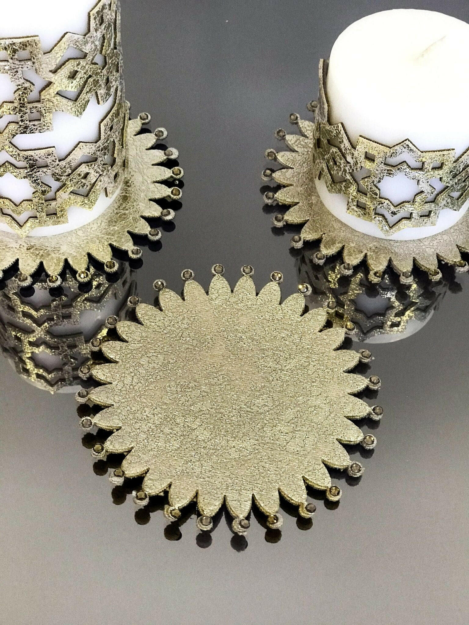Ottoman Gold Color Candle Set of 3, Leather Geometric Pattern, Decorative Creative Home Designs Candles,CS-CH-OTMN-Go