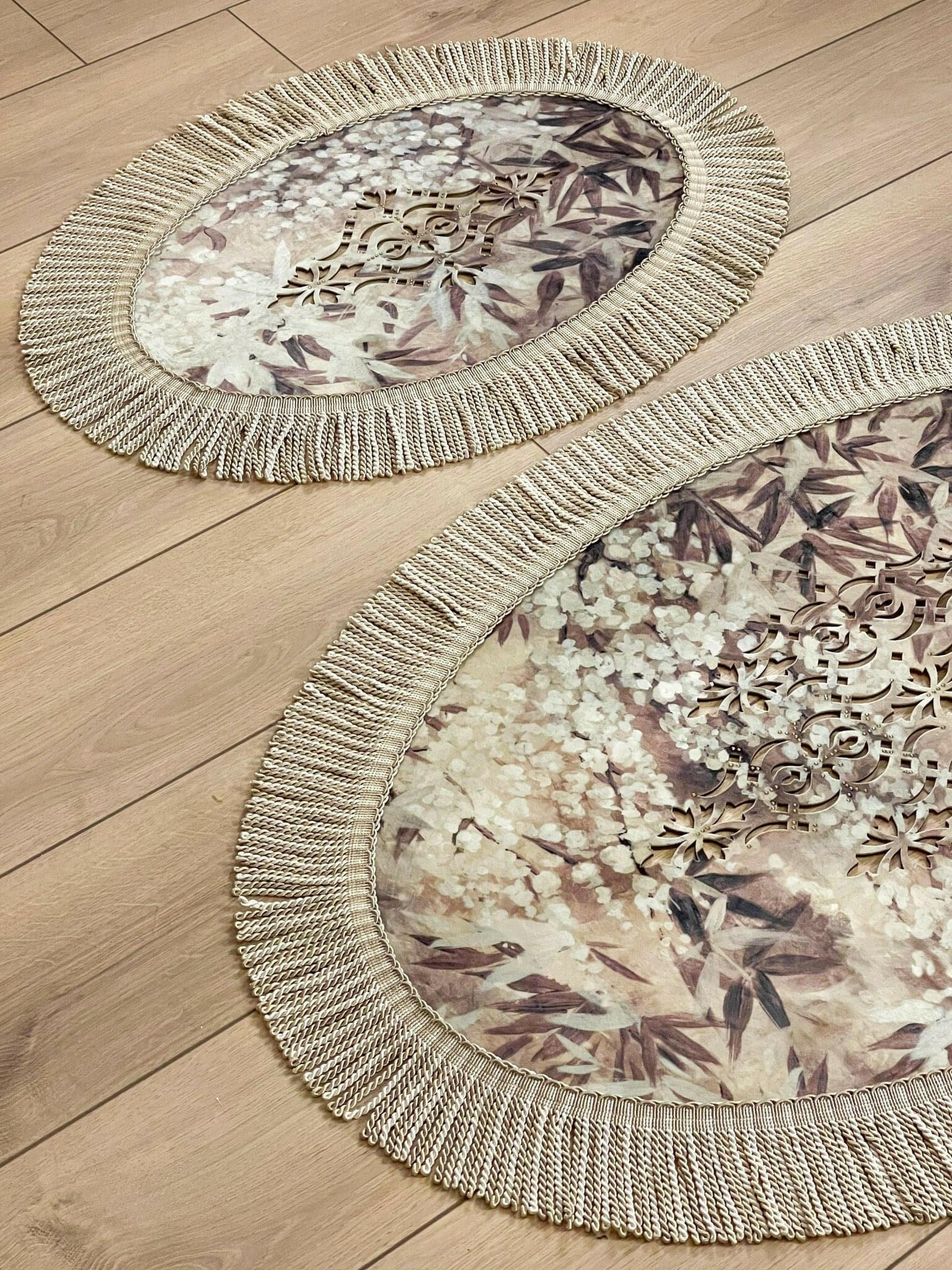 Palma Oval Coffee Brown Velvet Bathroom & Area Lounge Rug, Cut Through Floral Inspired Carpet with Tassels, Turkish Non-Slip Handmade Mat by Creative Home,RUG-PALMA-Bro-4060,RUG-PALMA-Bro-60100,RUG-PALMA-Bro-70120,RUG-PALMA-Bro-90150,RUG-PALMA-Bro-121182,RUG-PALMA-Bro-152243