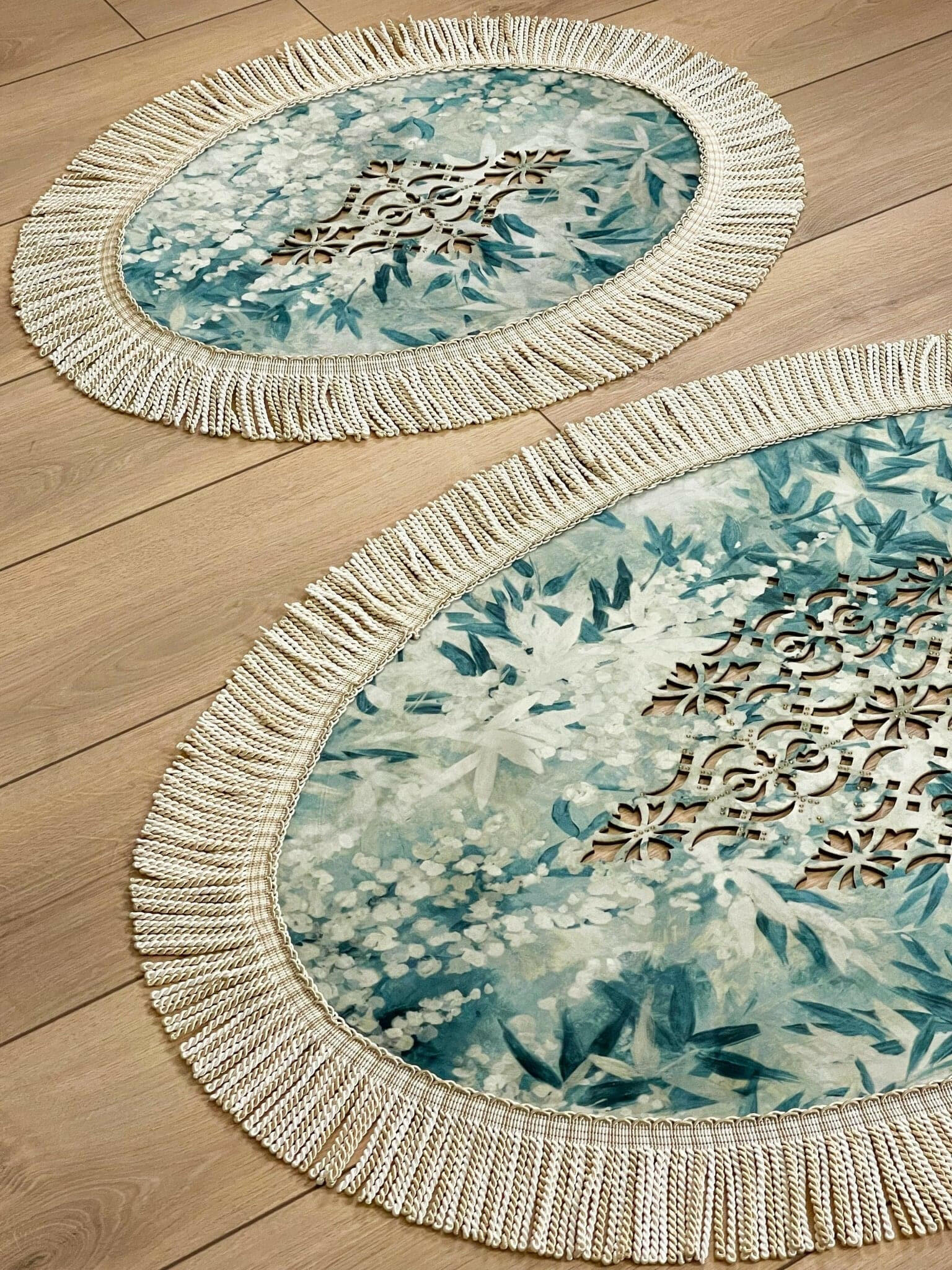 Palma Oval Turquoise Velvet Bathroom & Area Lounge Rug, Cut Through Floral Inspired Carpet with Tassels, Turkish Non-Slip Handmade Mat by Creative Home,RUG-PALMA-Tu-4060,RUG-PALMA-Tu-60100,RUG-PALMA-Tu-70120,RUG-PALMA-Tu-90150,RUG-PALMA-Tu-121182,RUG-PALMA-Tu-152243