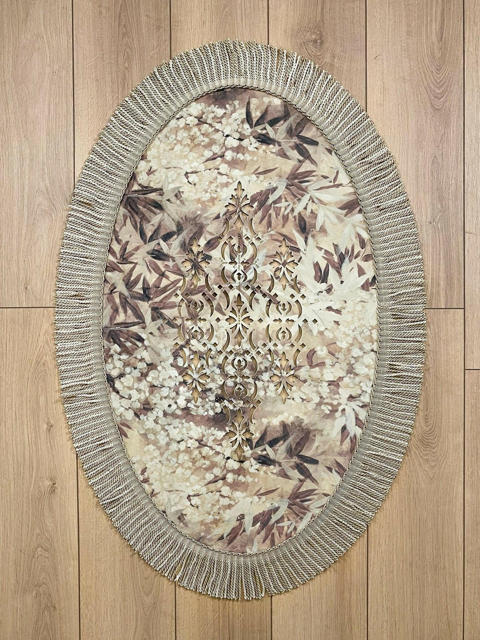 Palma Oval Coffee Brown Velvet Bathroom & Area Lounge Rug, Cut Through Floral Inspired Carpet with Tassels, Turkish Non-Slip Handmade Mat by Creative Home