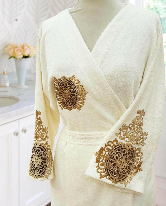Ruya Cream Off-white Gold Velvet Applied Bathrobe - Ruya Women's White Bathrobe Set, Gold Velvet Applied Luxury Chic Robe by Creative Home