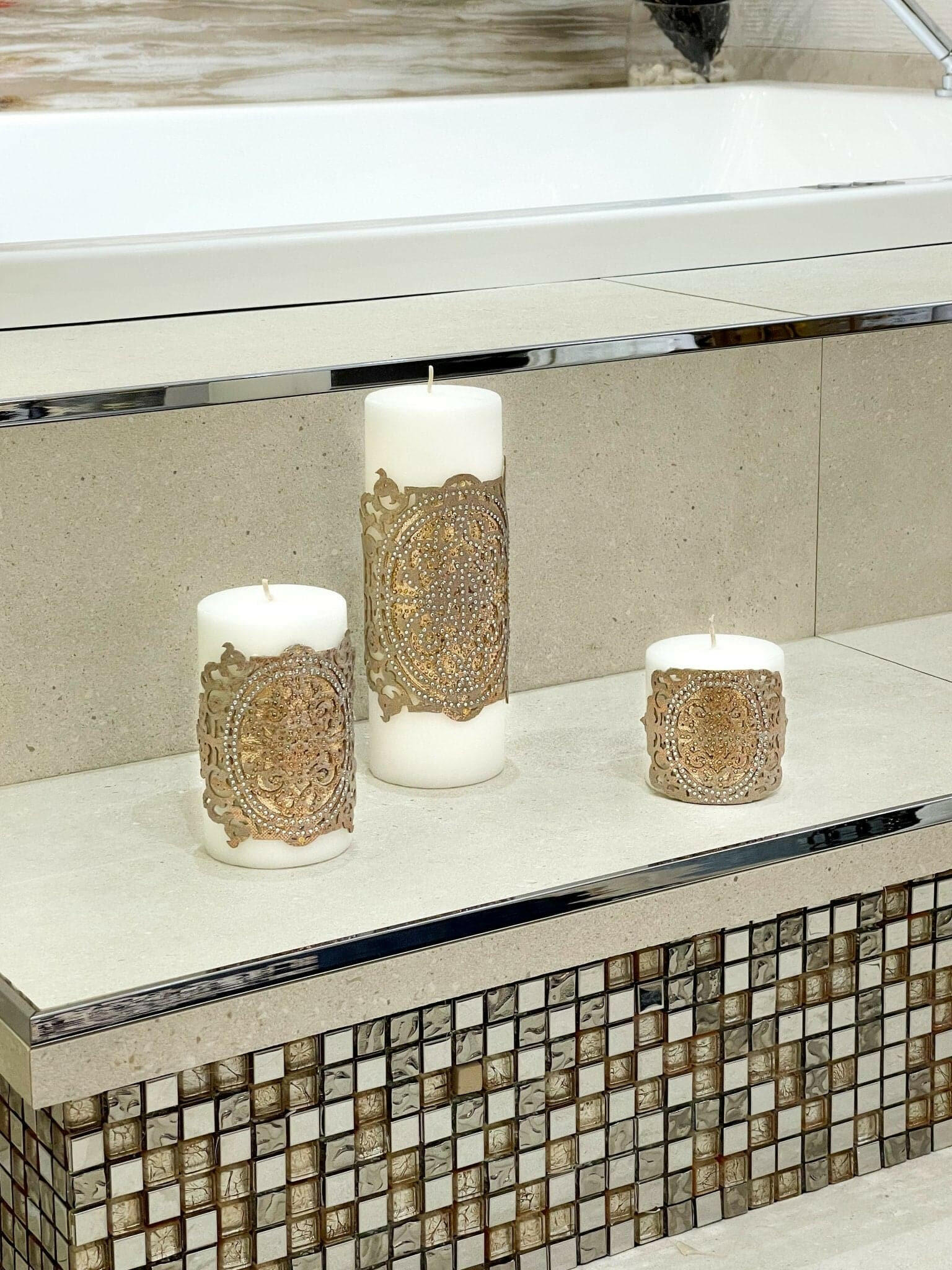 Ruya Copper Leather Applied Candle Set of 3, Royal Style Luxury Decorative Candles from Creative Home,CS-CH-RUYA-Cop