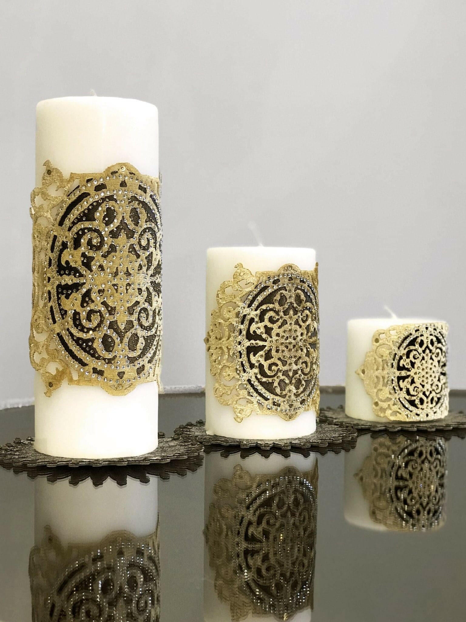 Ruya Gold Velvet Applied Candle Set of 3, Royal Style Luxury Decorative Candles from Creative Home,CS-CH-RUYA-Go