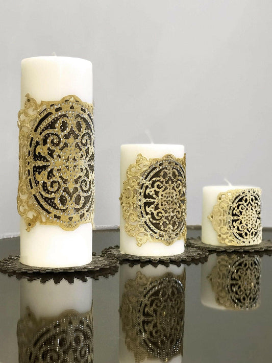 Ruya Gold Velvet Applied Candle Set of 3, Royal Style Luxury Decorative Candles from Creative Home,CS-CH-RUYA-Go