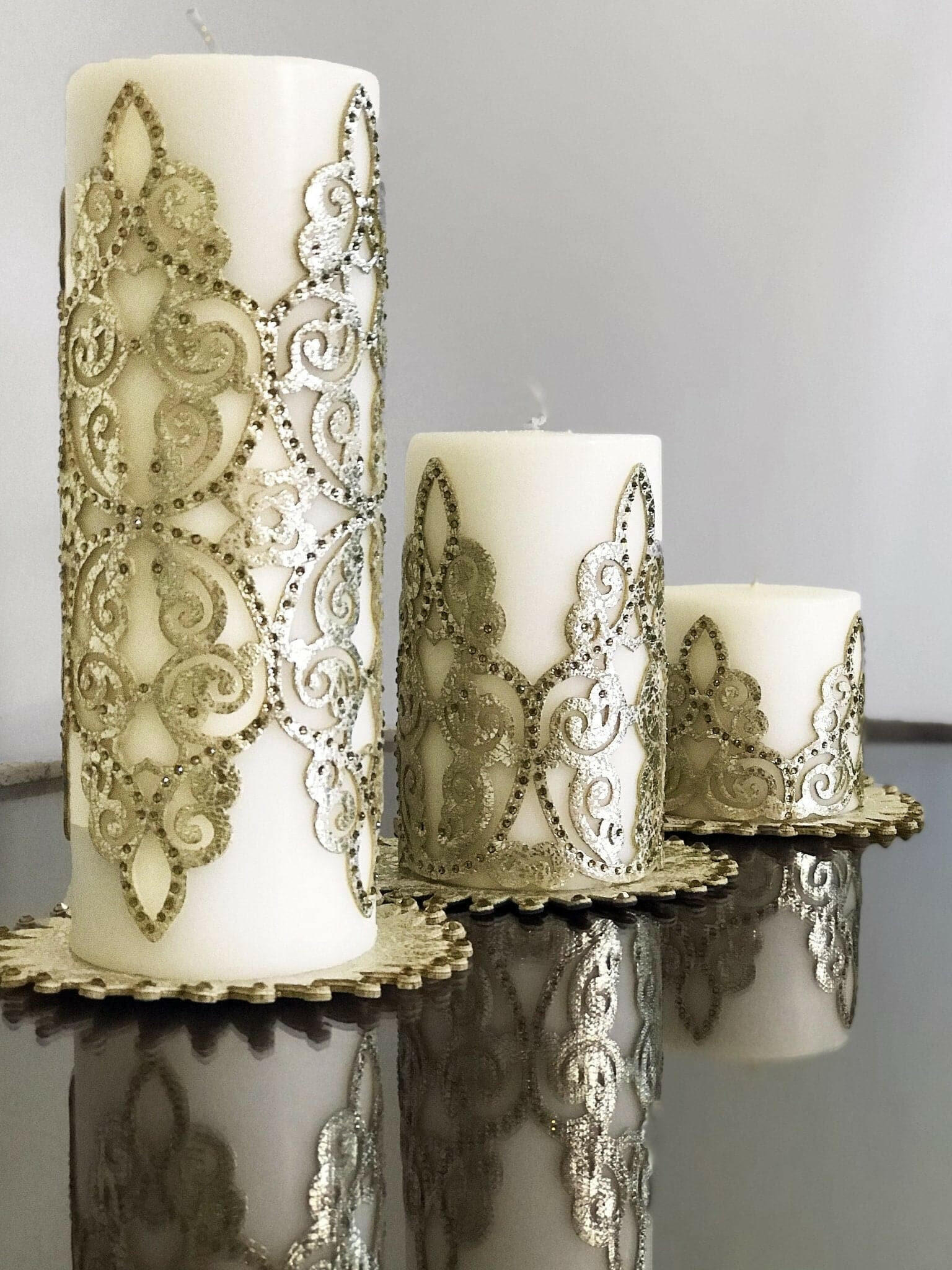 Sena Gold Leather Applied Candle Set of 3, Leather Curly Cutout Pattern Decorative Candles by Creative Home,CS-CH-SENA-Go