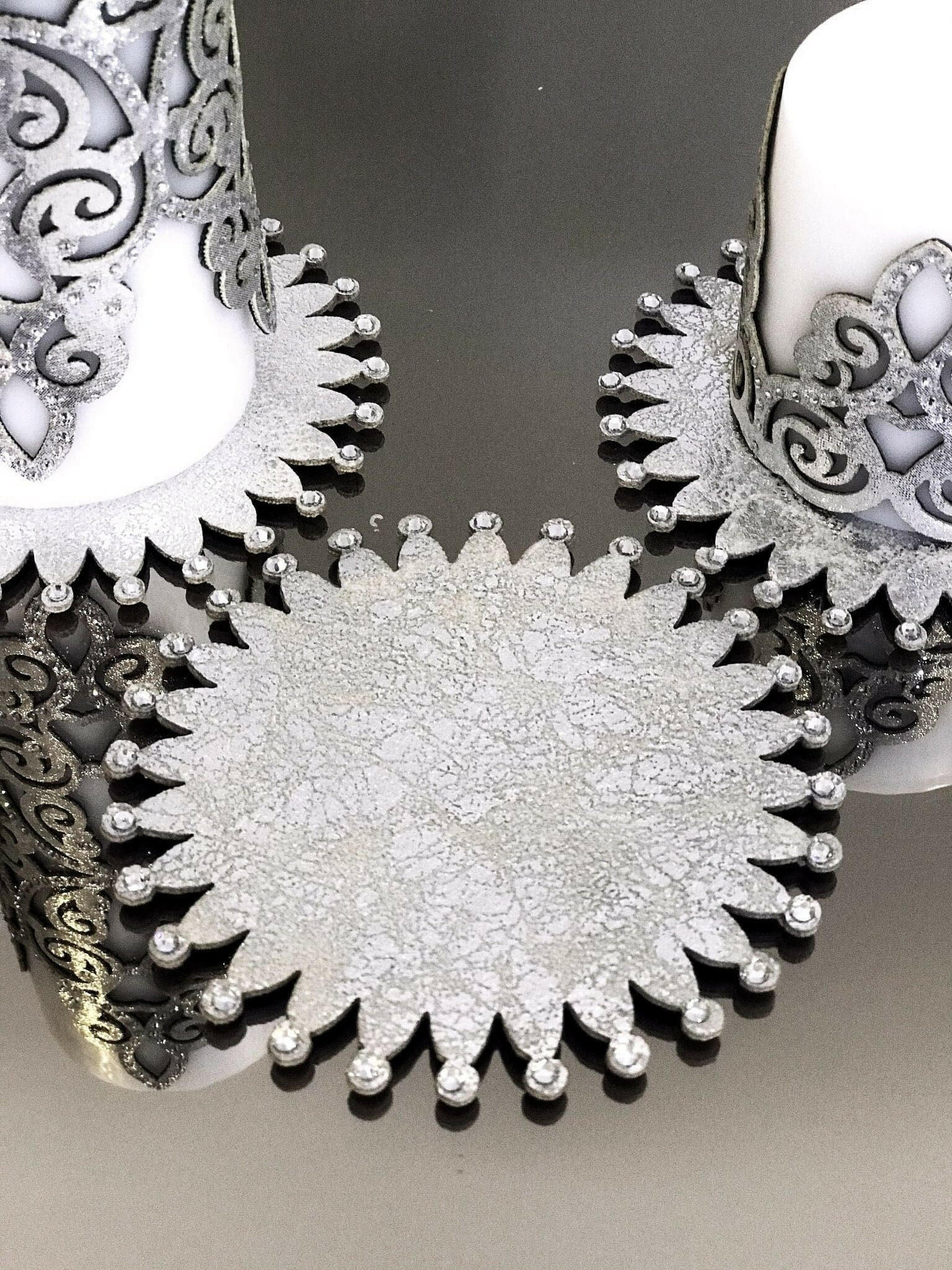 Sena Silver Gray Leather Applied Candle Set of 3, Leather Curly Cutout Pattern Decorative Candles by Creative Home,CS-CH-SENA-Si