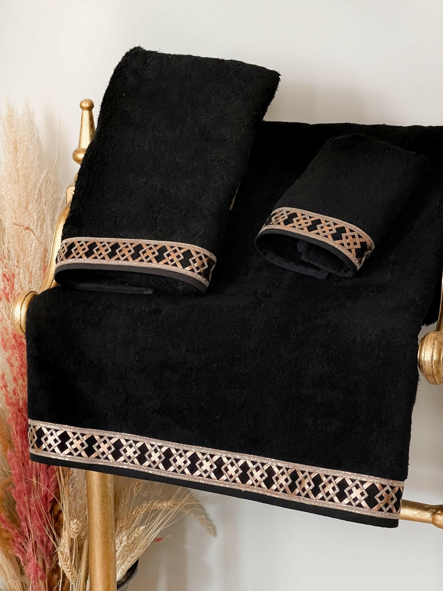 Tara Celtic Style 3 Piece Elegant Copper & Black Luxury Bath Towel Set, Elegant Towelling by Creative Home,TS-CH-TARAE-BlaCop