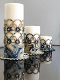 Zerre Turquoise Ecru Luxury Candle Set of 3, Leather Circular Pattern, Decorative Glamorous Candles by Creative Home