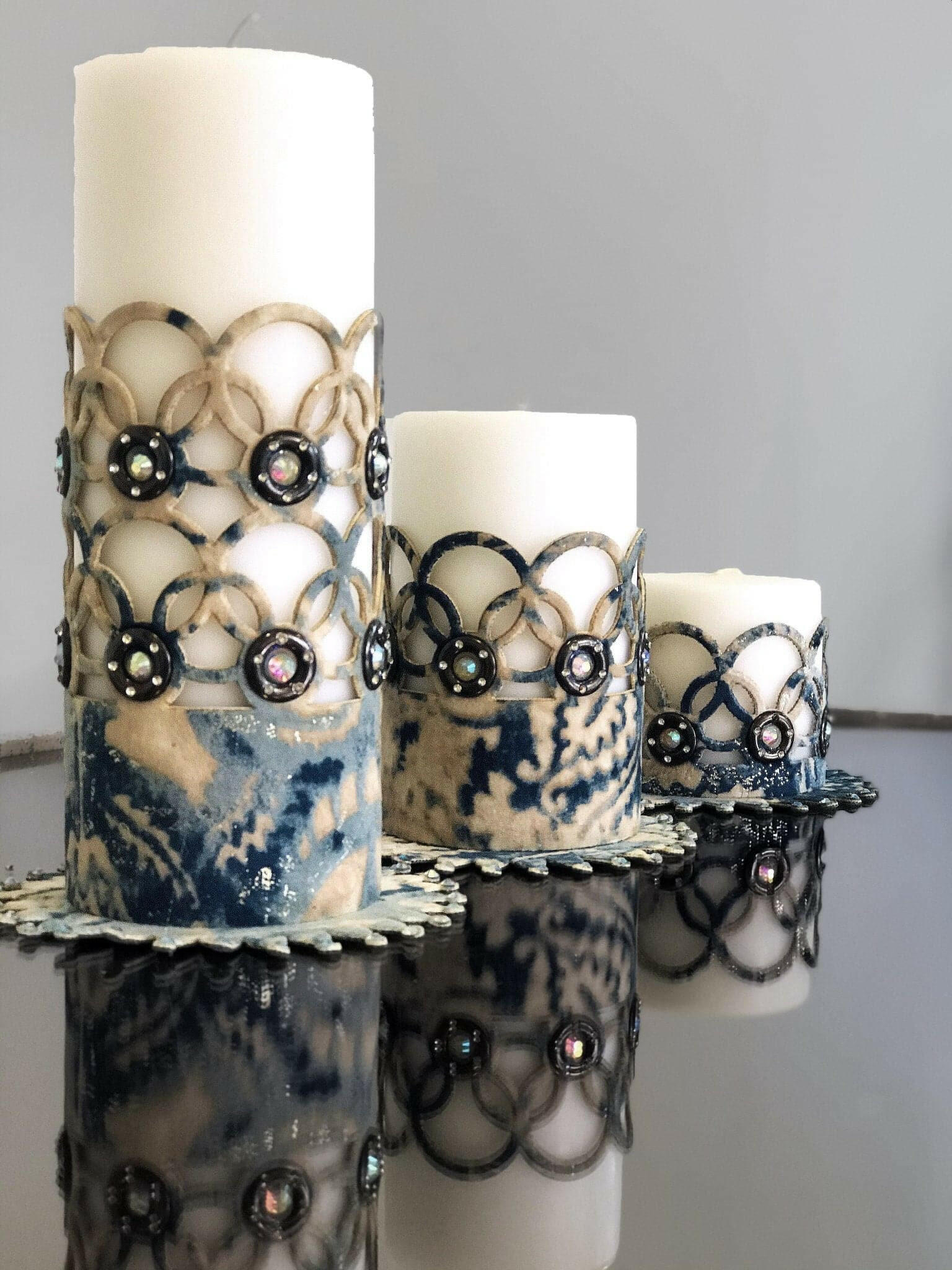 Zerre Turquoise Ecru Luxury Candle Set of 3, Leather Circular Pattern, Decorative Glamorous Candles by Creative Home