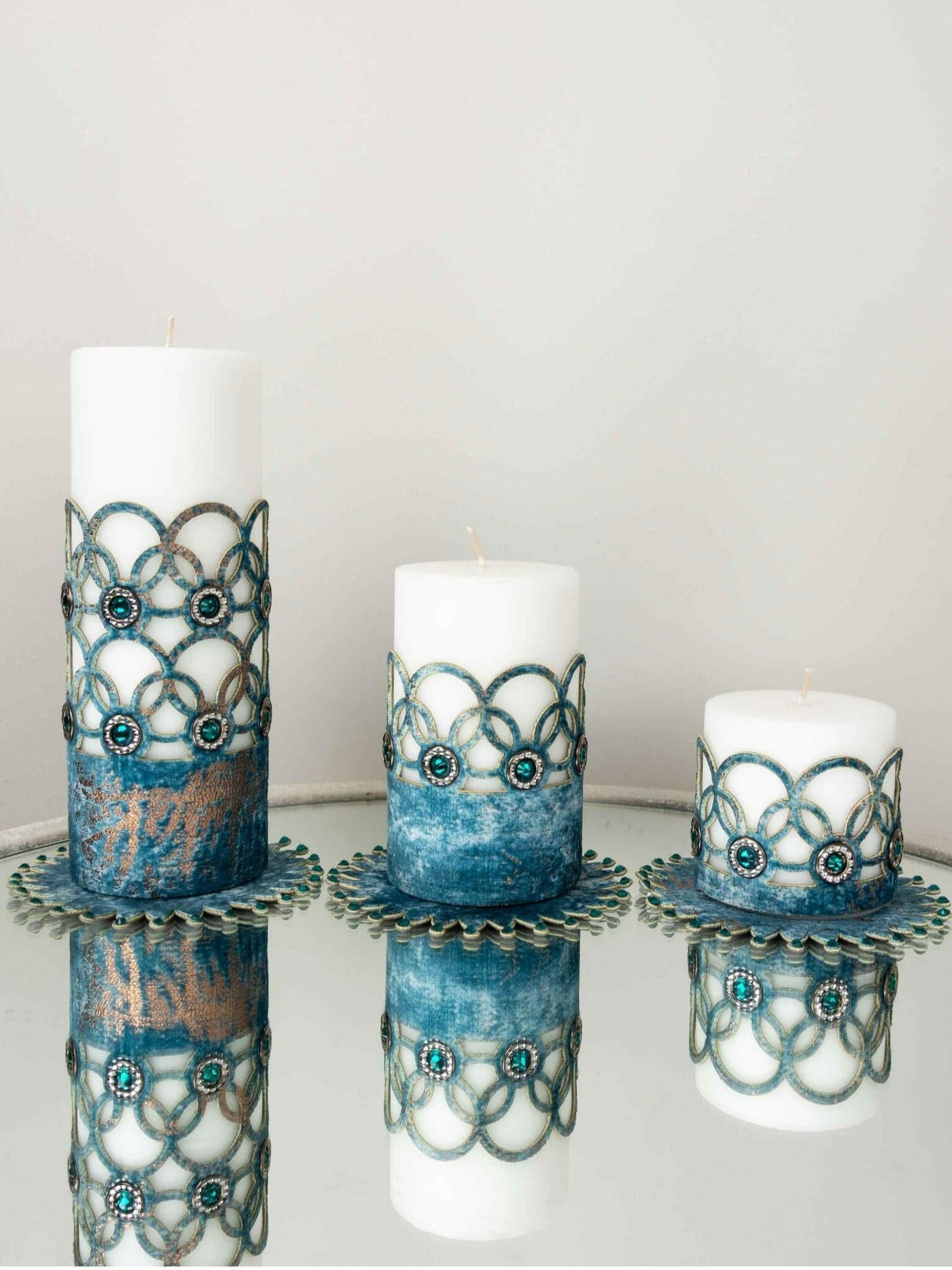 Zerre Blue Copper Luxury Candle Set of 3, Leather Circular Pattern, Decorative Glamorous Candles by Creative Home,CS-CH-ZRRE-BluCop