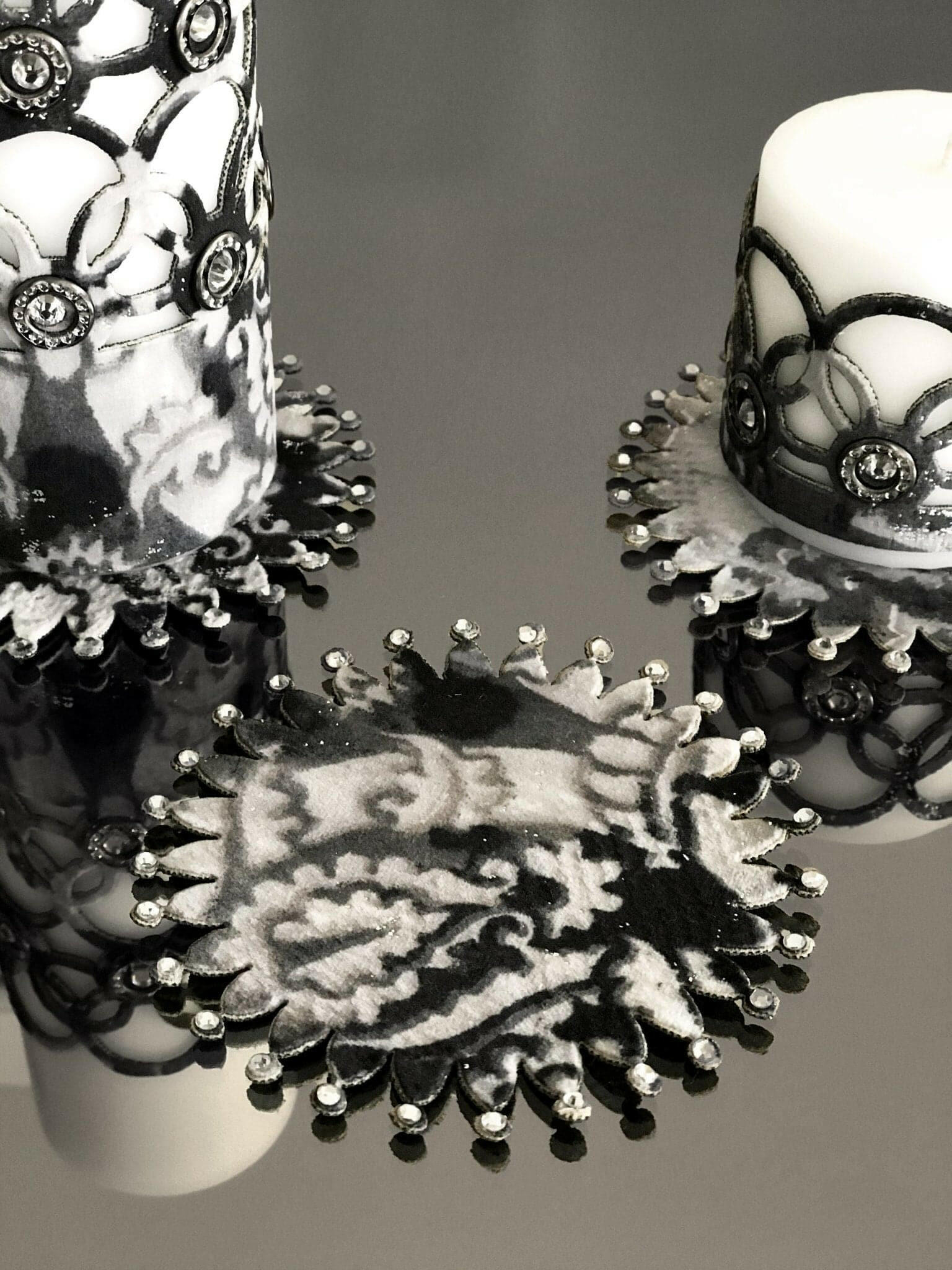 Zerre Anthracite Grey Luxury Candle Set of 3, Leather Circular Pattern, Decorative Glamorous Candles by Creative Home,CS-CH-ZRRE-AnthGry