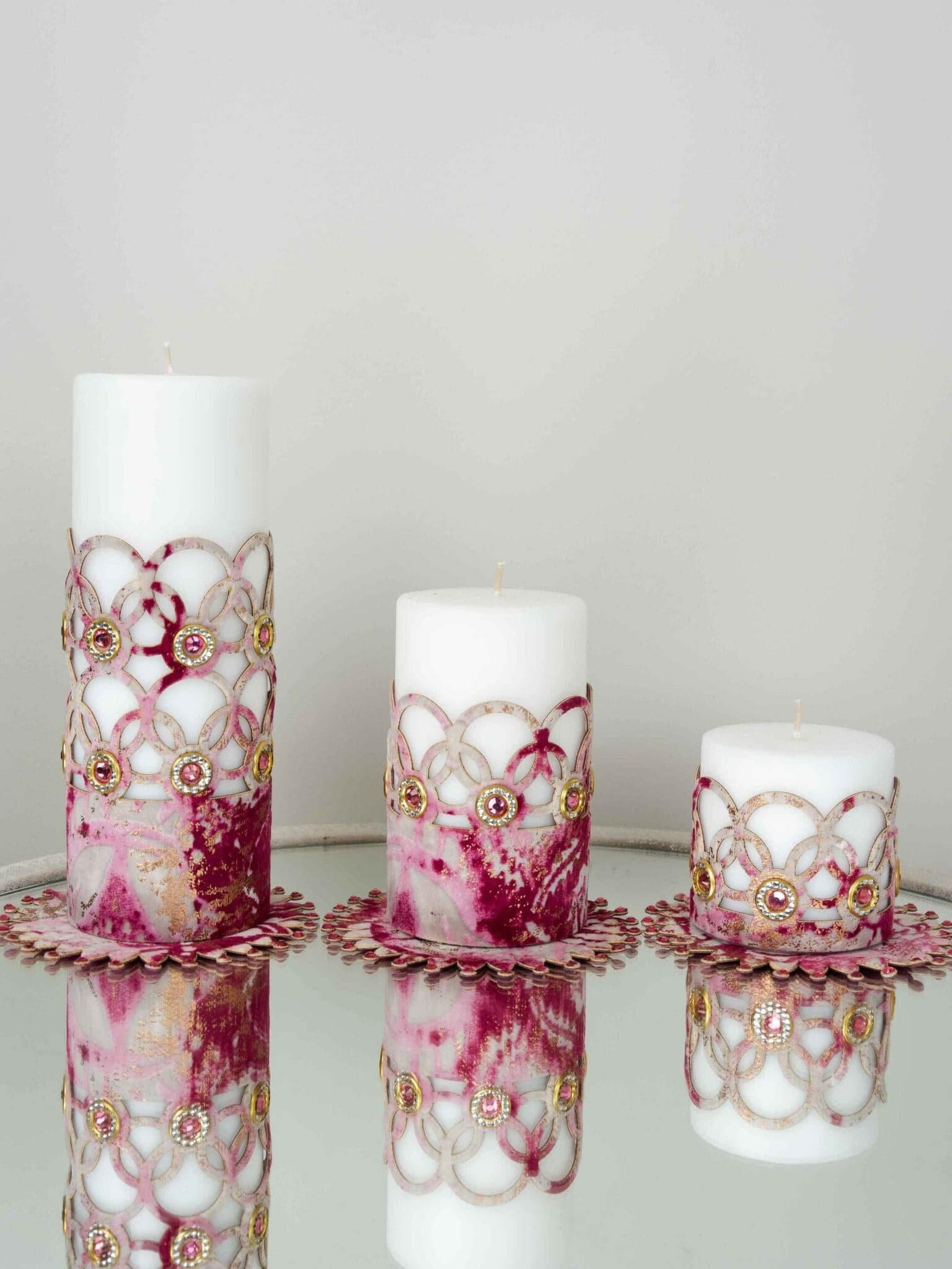 Zerre Pink Copper Luxury Candle Set of 3, Leather Circular Pattern, Decorative Glamorous Candles by Creative Home,CS-CH-ZRRE-PiCop